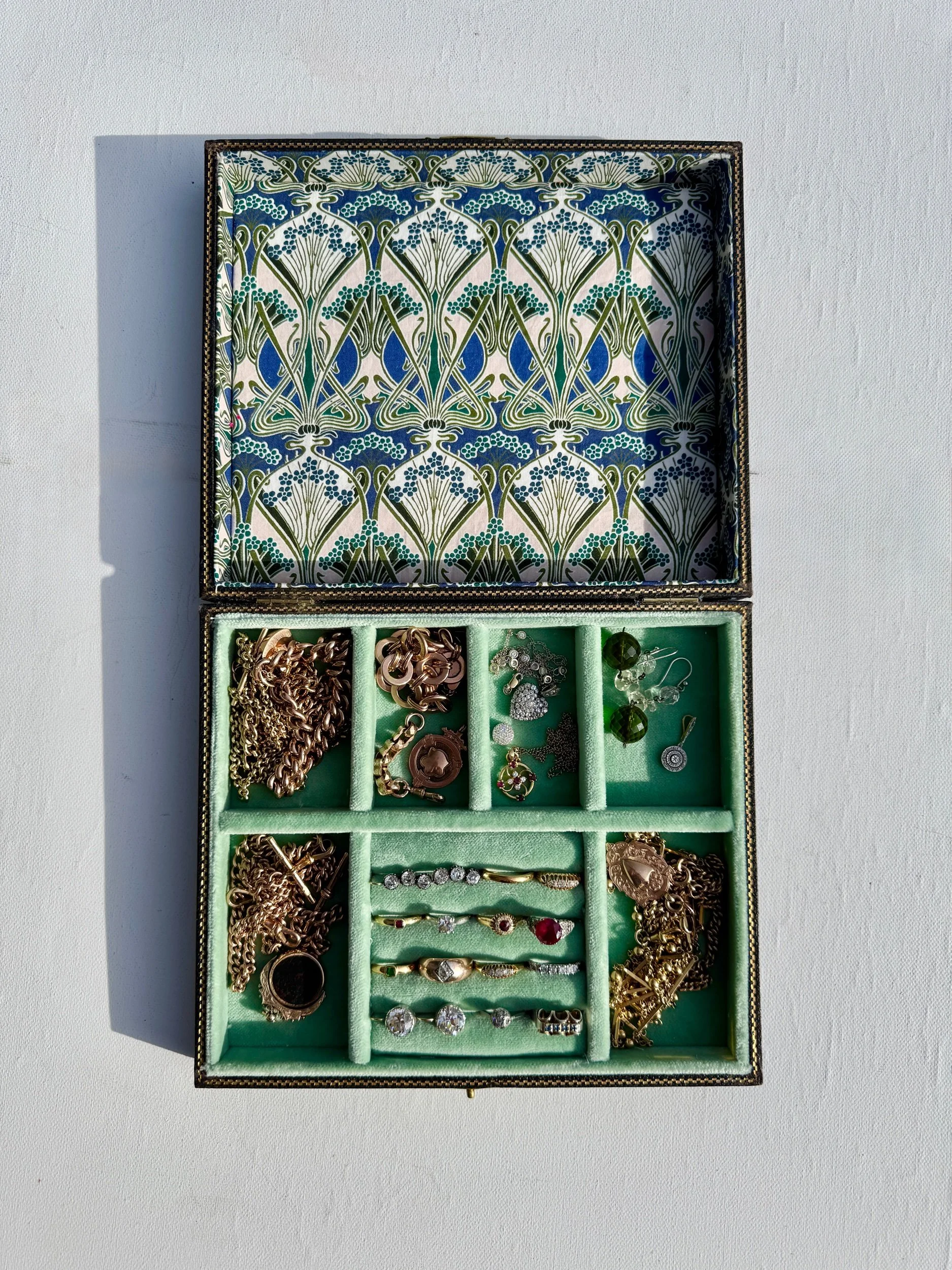 Antique Green Velvet Jewellery Box, Liberty of London Lid