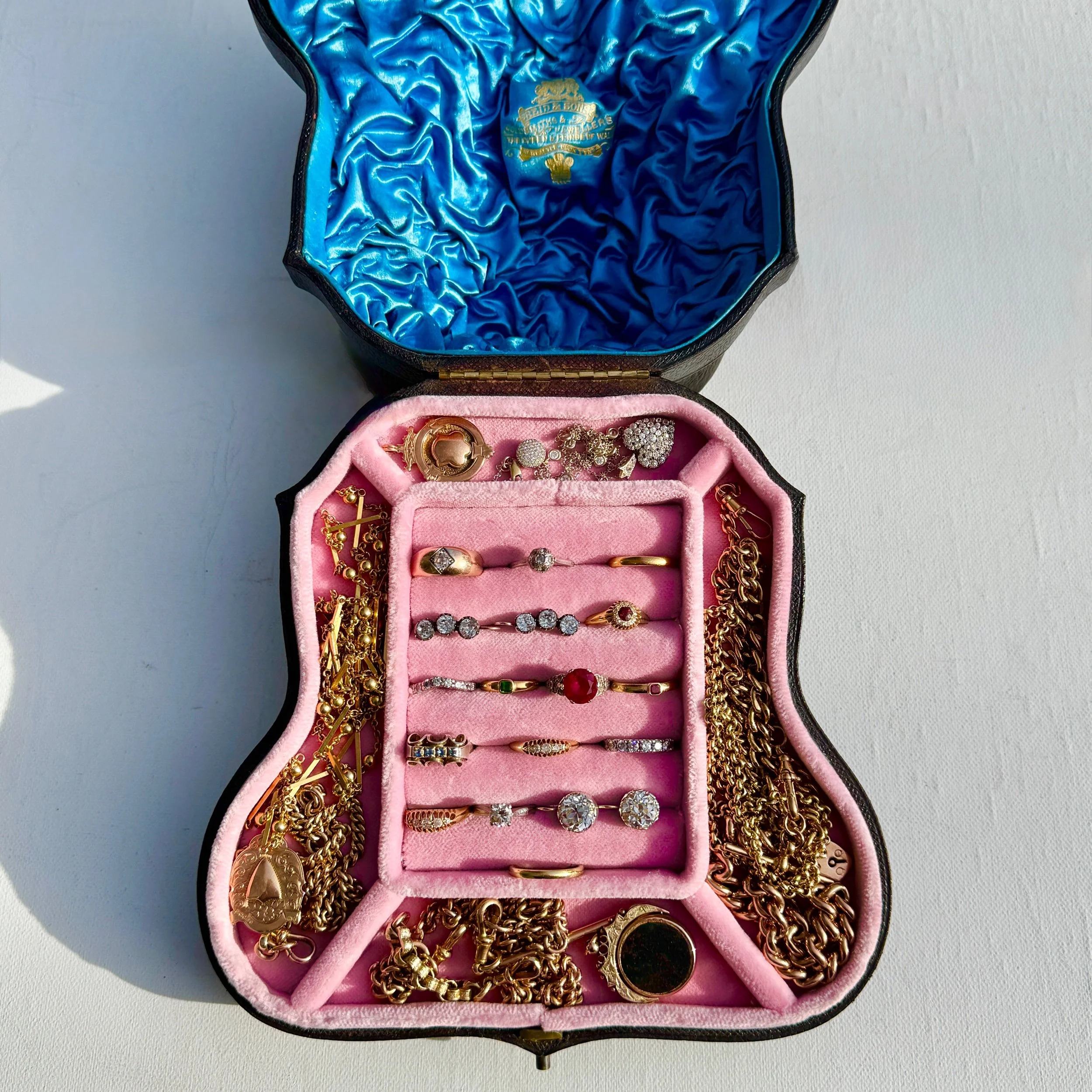 Antique Pink Velvet Jewellery Box, Turquoise Silk Lid