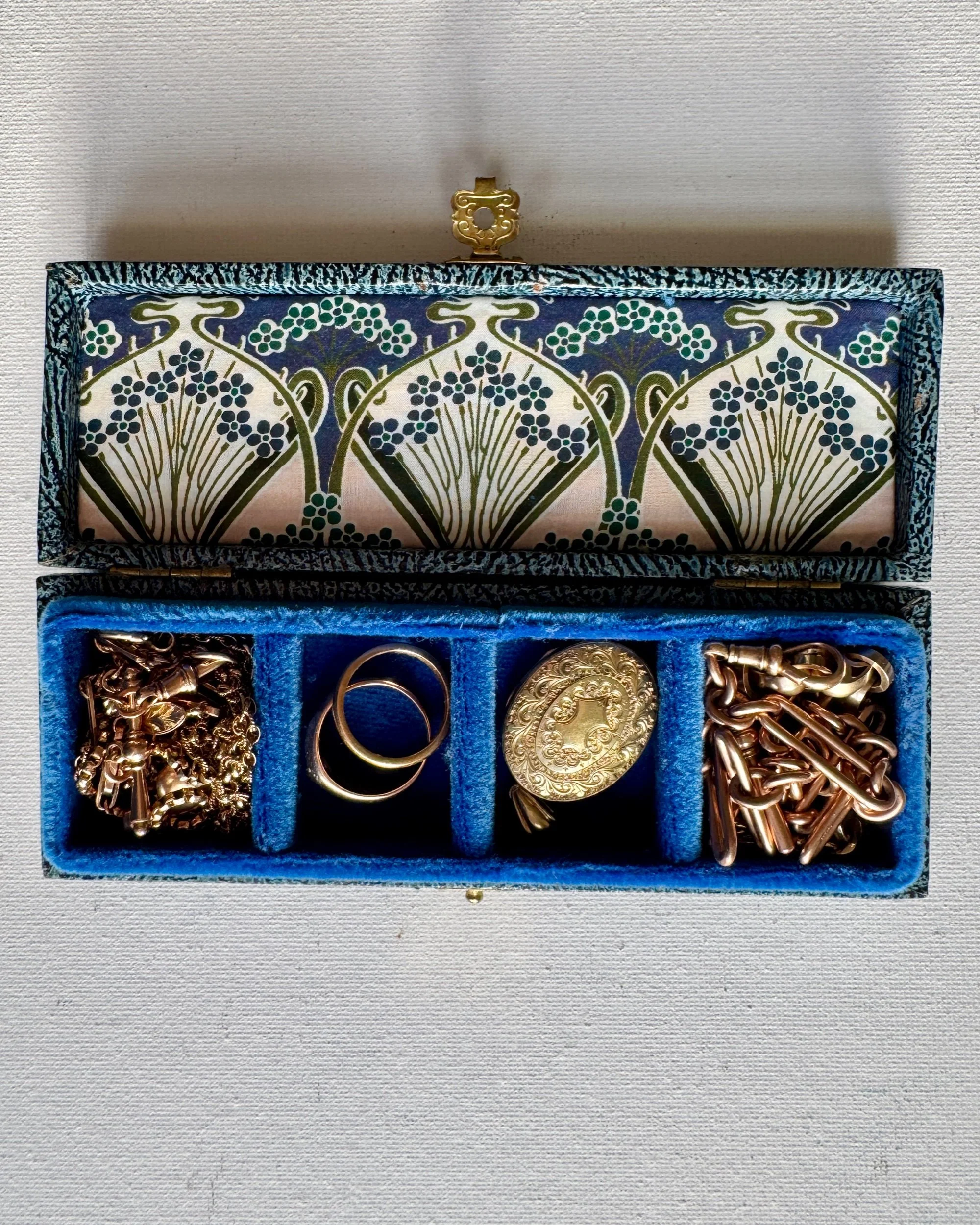 Small Antique Blue Velvet Jewellery Box, Liberty of London Lid
