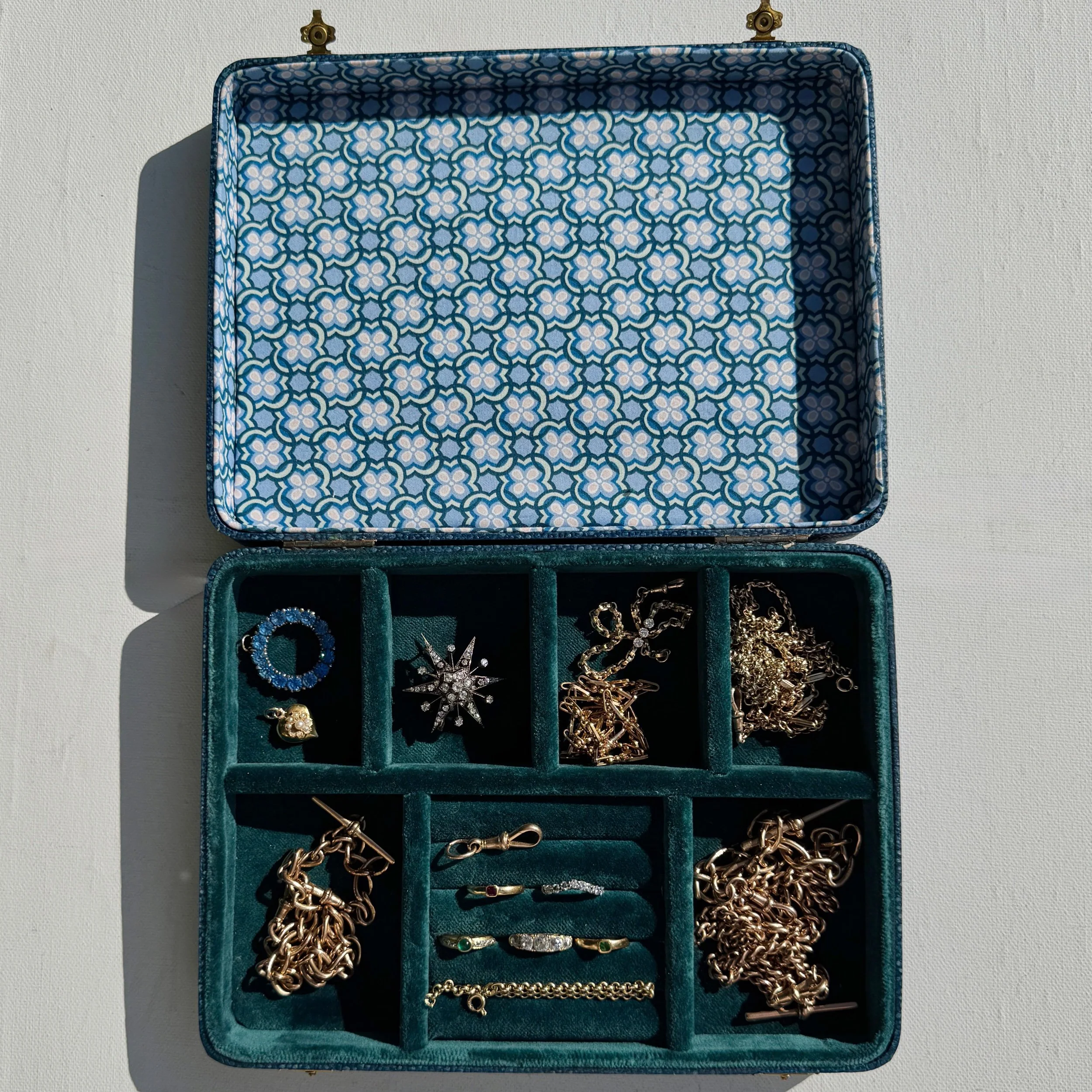 Antique Petrol Blue Velvet Jewellery Box, Liberty of London Lid