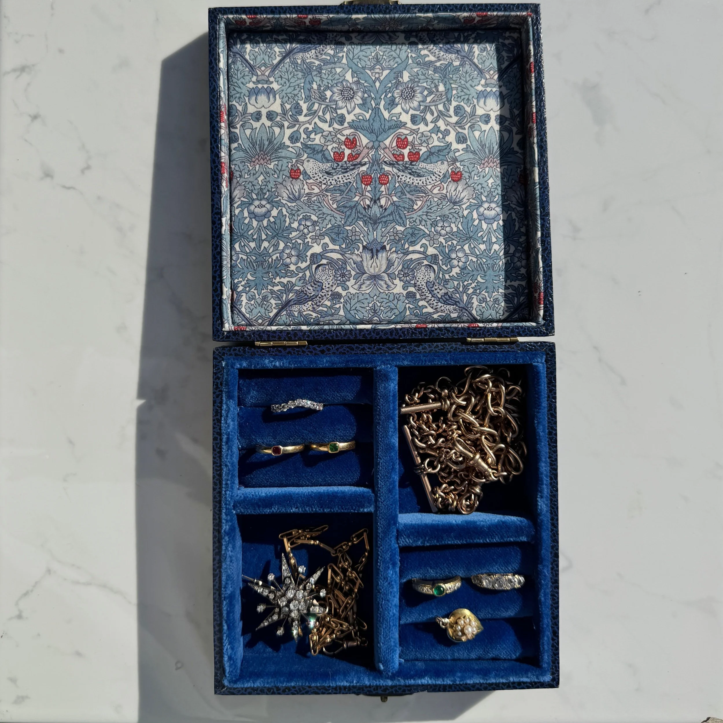 Antique Blue Velvet Jewellery Box, Liberty of London Lid