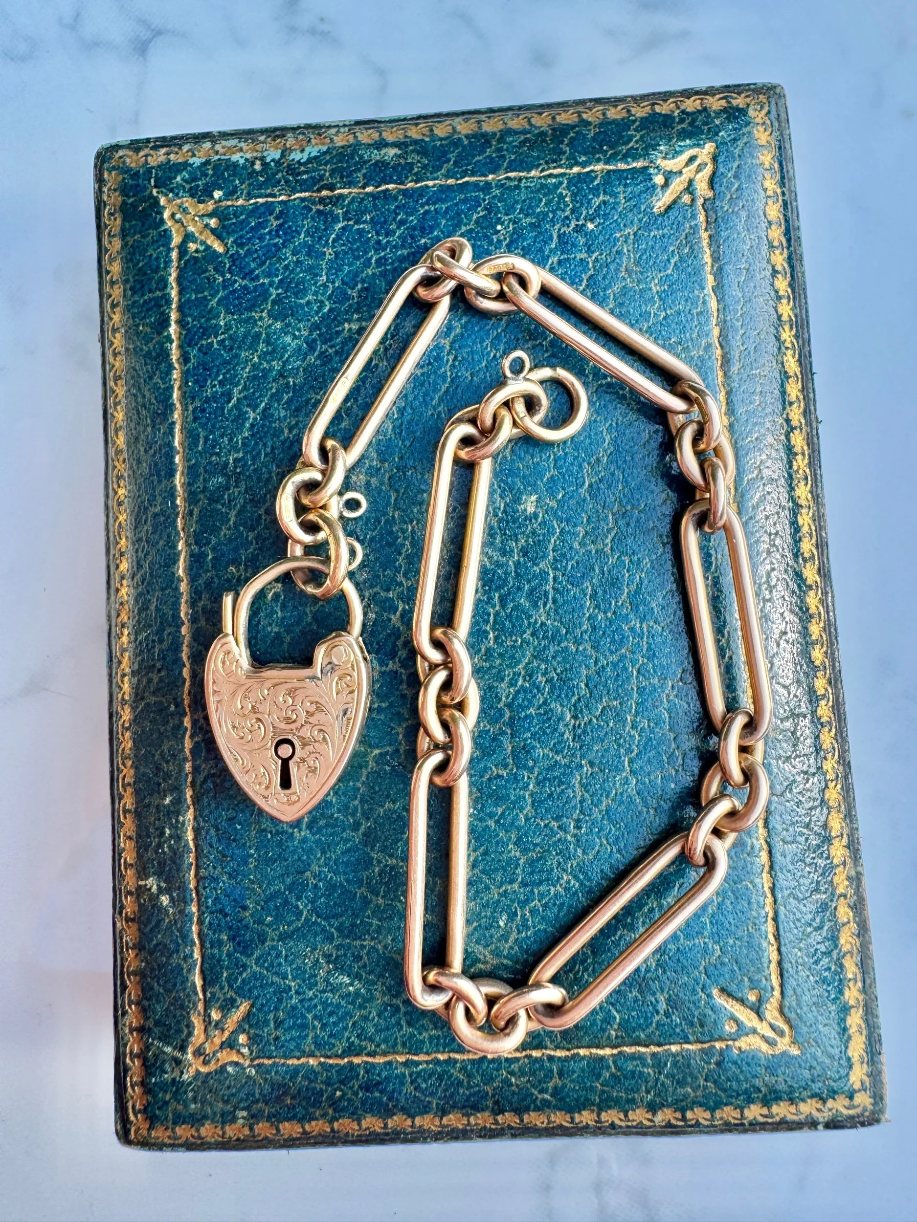 Edwardian Trombone Link Bracelet with Heart Clasp, 15ct