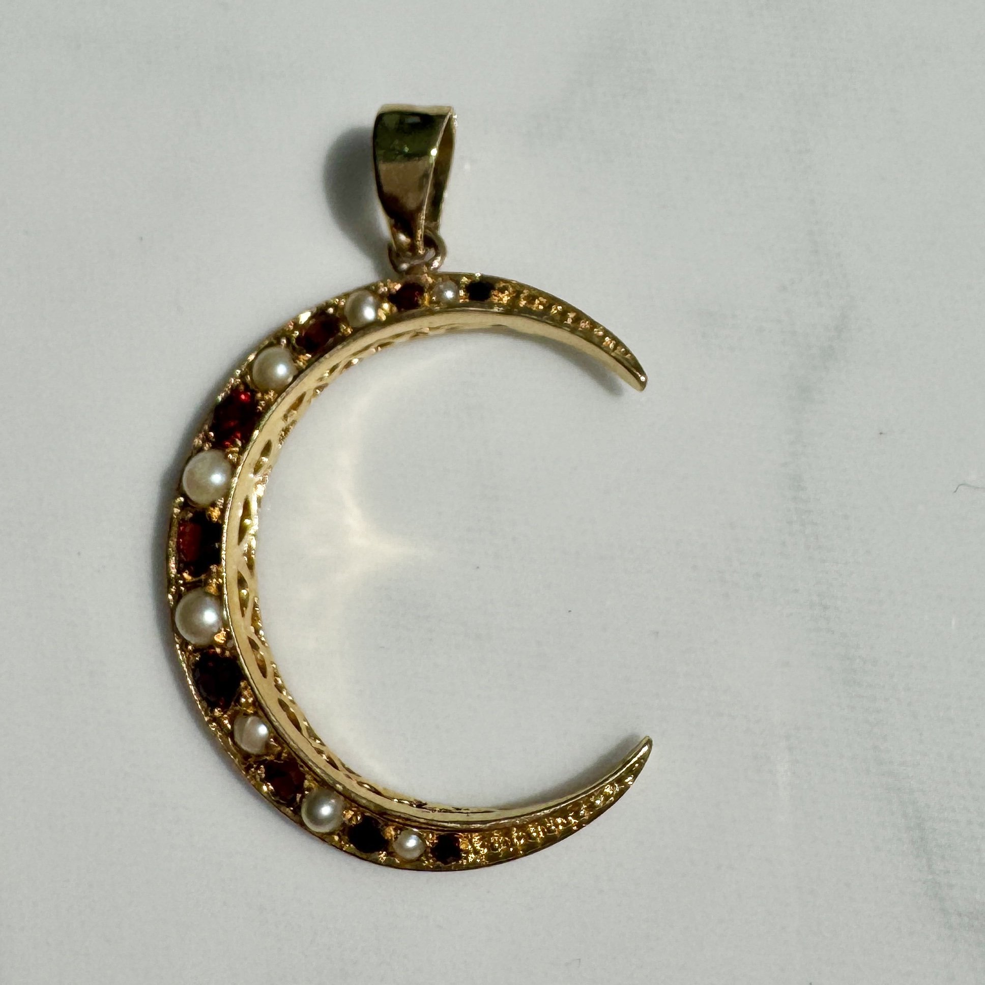 Garnet & Pearl Crescent Pendant, 9ct