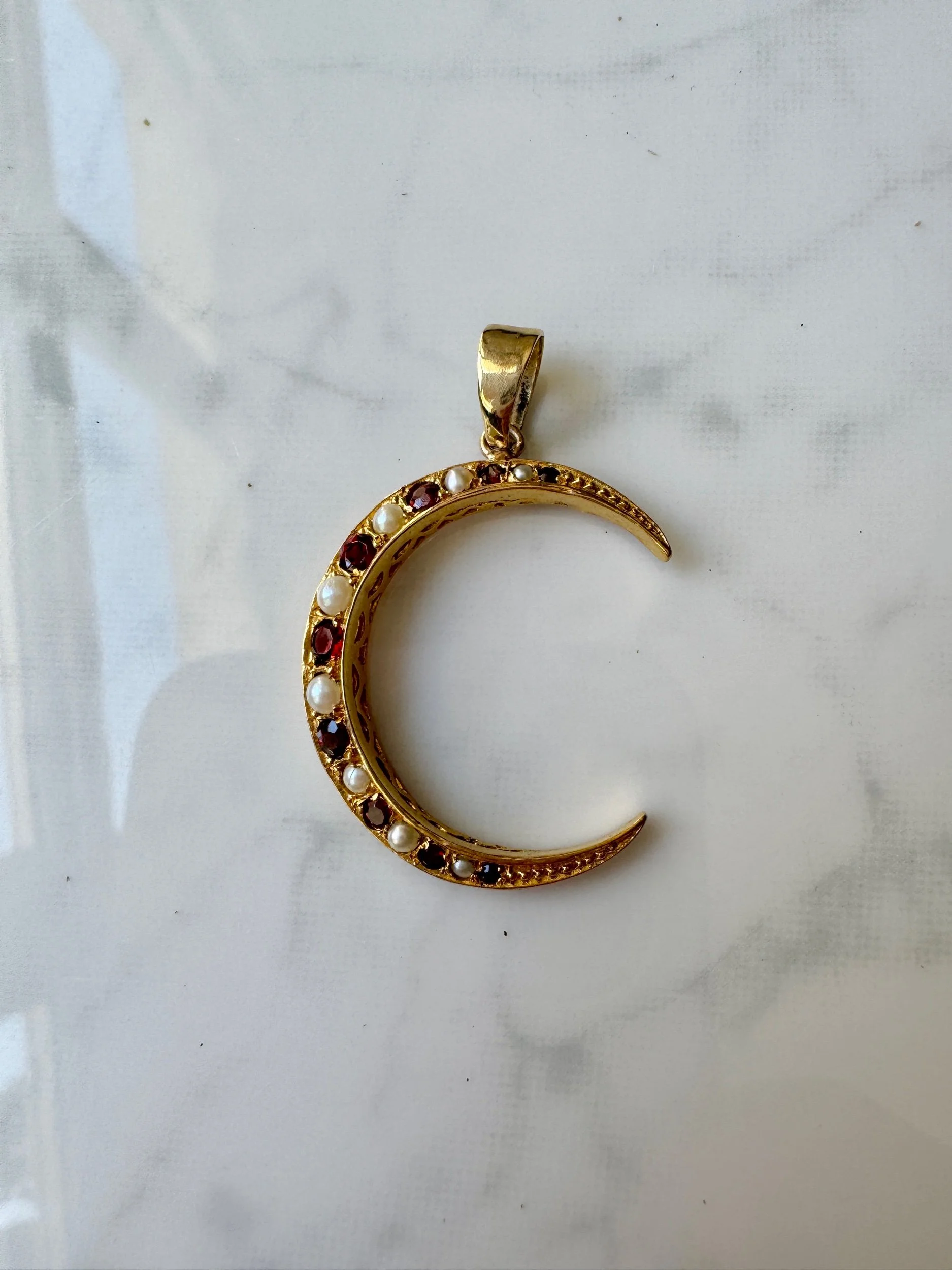 Ruby & Pearl Crescent Pendant, 9ct