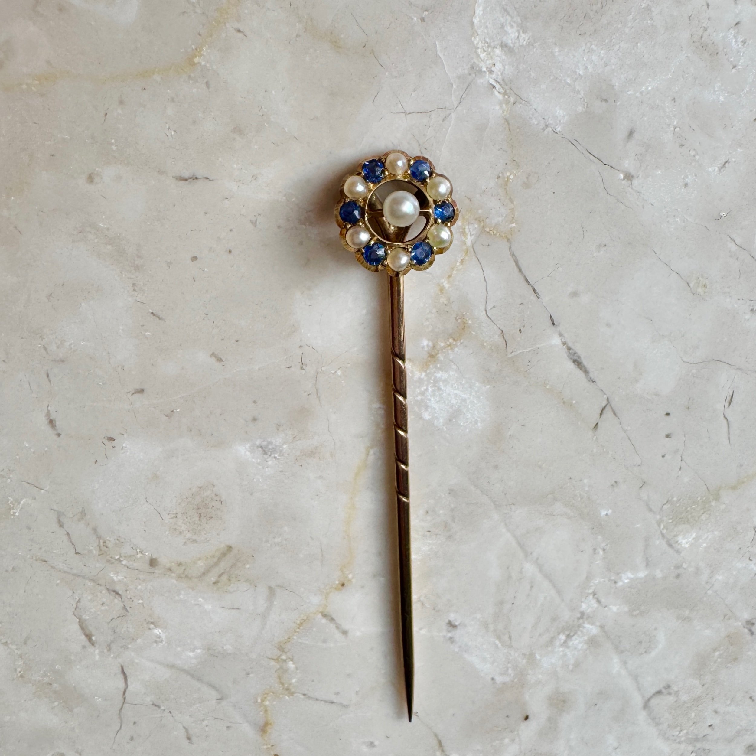 Sapphire & Pearl Stick Pin, 18ct