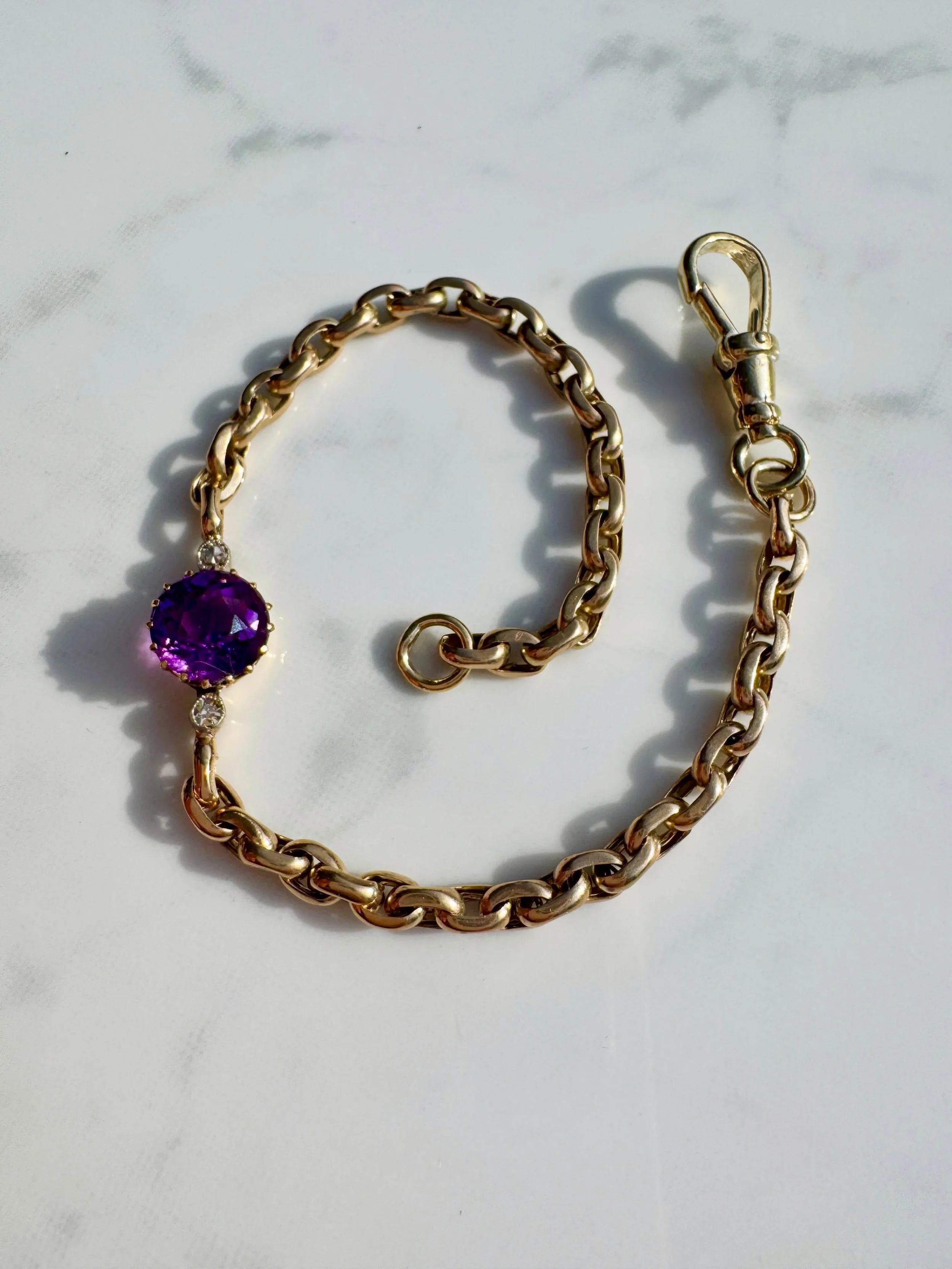 Amethyst &amp; diamond belcher bracelet - always a winner! Just listed on the website. Swipe to see one we &lsquo;prepared earlier&rsquo; back in 2020 which was sold long ago 💜

9ct belcher chain with antique amethyst &amp; diamonds from a bar brooc
