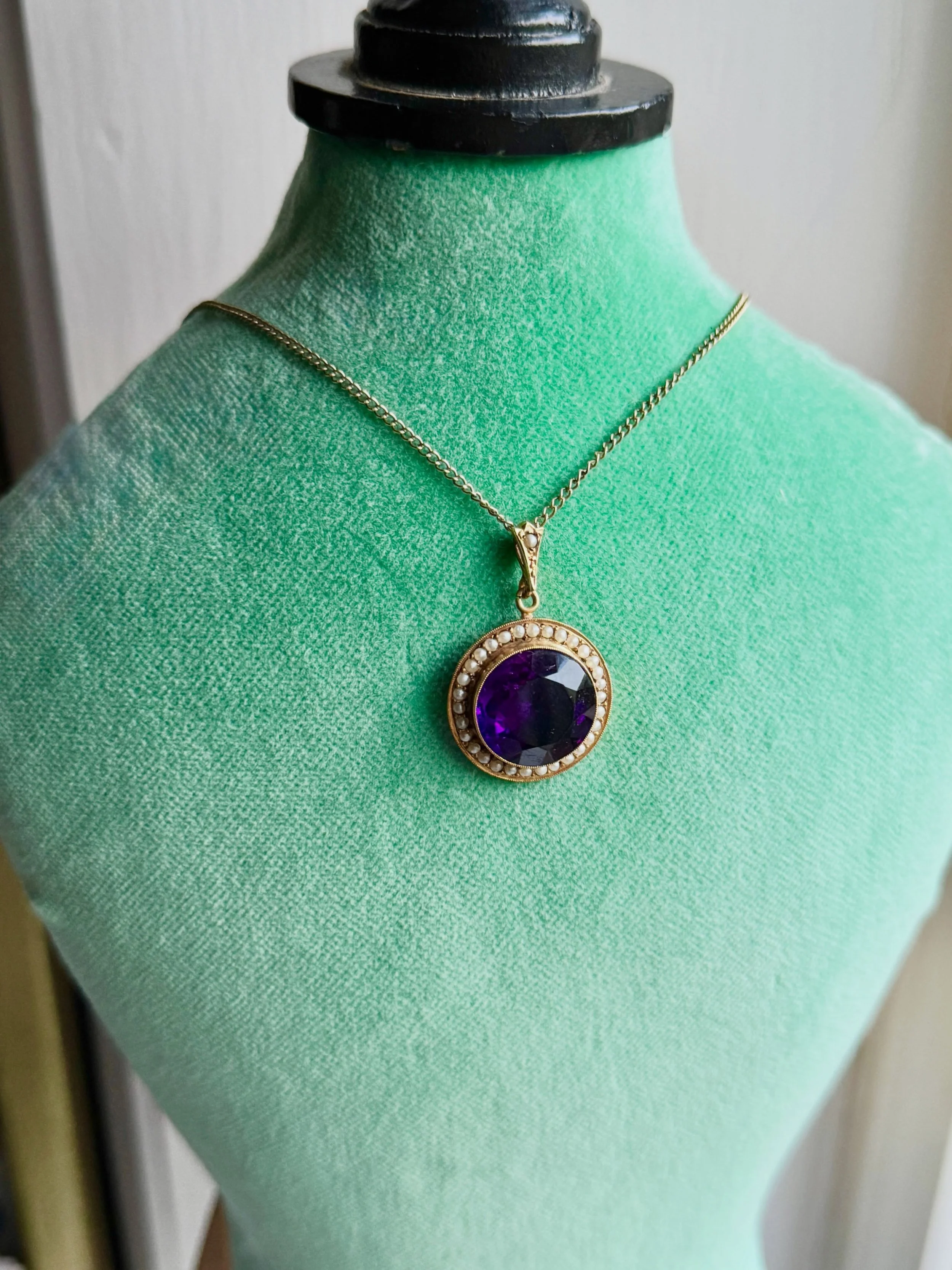 Wonderful amethyst pendant with a seed pearl halo. This beauty glows! Find her on the website under &lsquo;Pendants&rsquo; Happy October my friends 💜