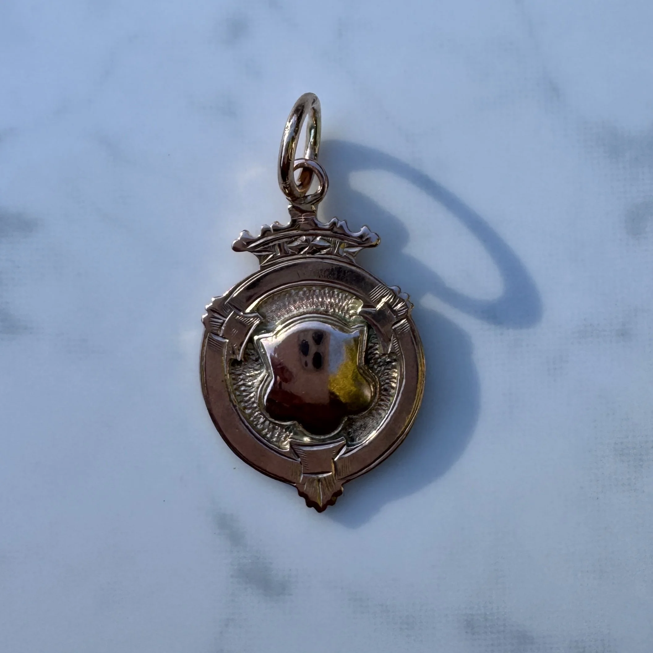 Edwardian Crown Topped Shield Medal Fob, 9ct