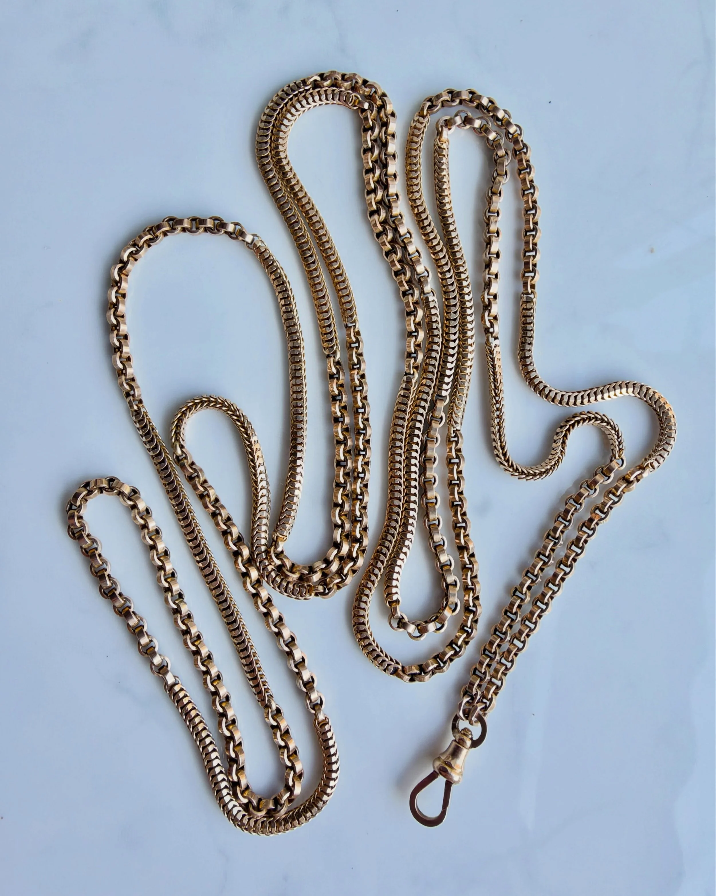 The most fabulous 9ct antique long guard chain has just arrived on the website. I adore a good Brazilian link - and that combined with a tight rolo link is perfection! It&rsquo;s 60&rdquo; long, has a hanging dog clip and wraps around the neck three 