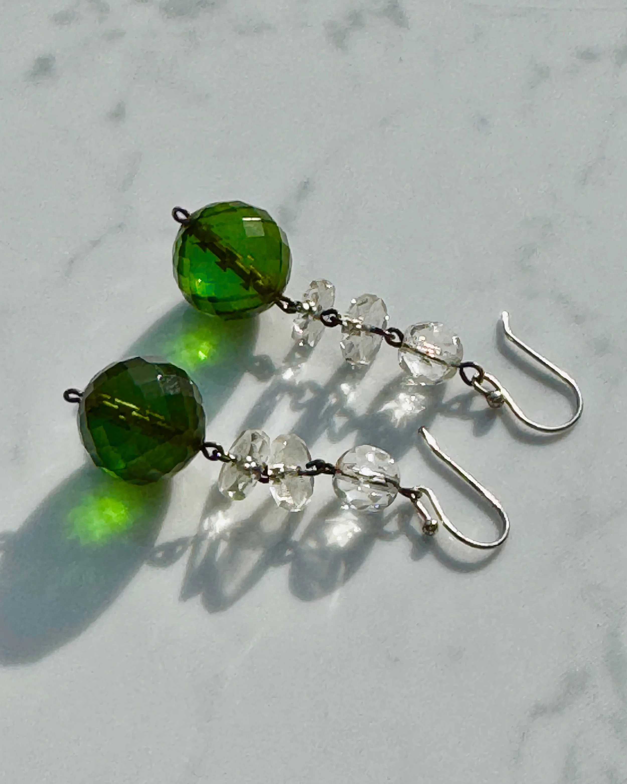 Antique Green Glass Earrings, Silver