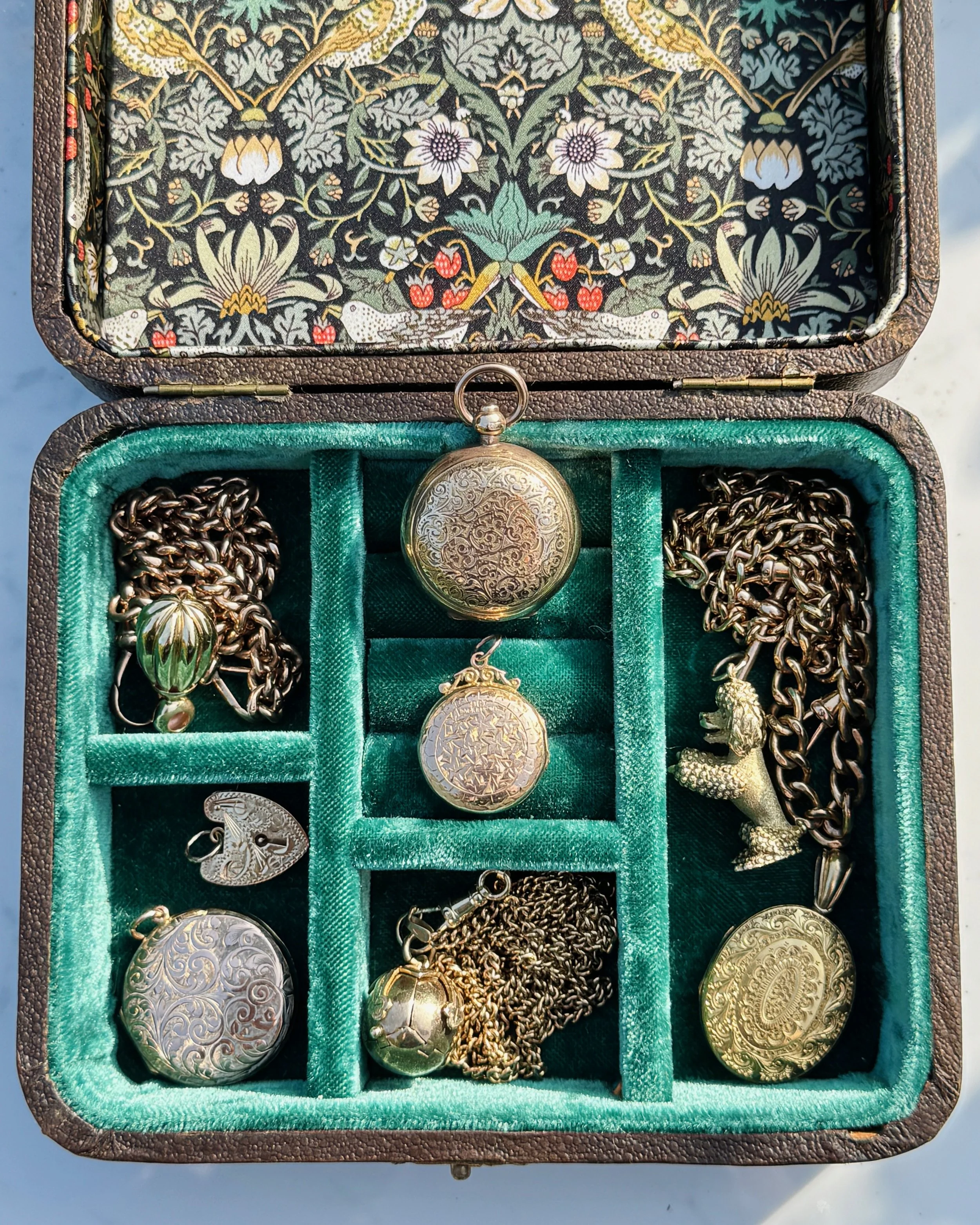 An Antique Green Velvet Jewellery Box with A Liberty of London Lid