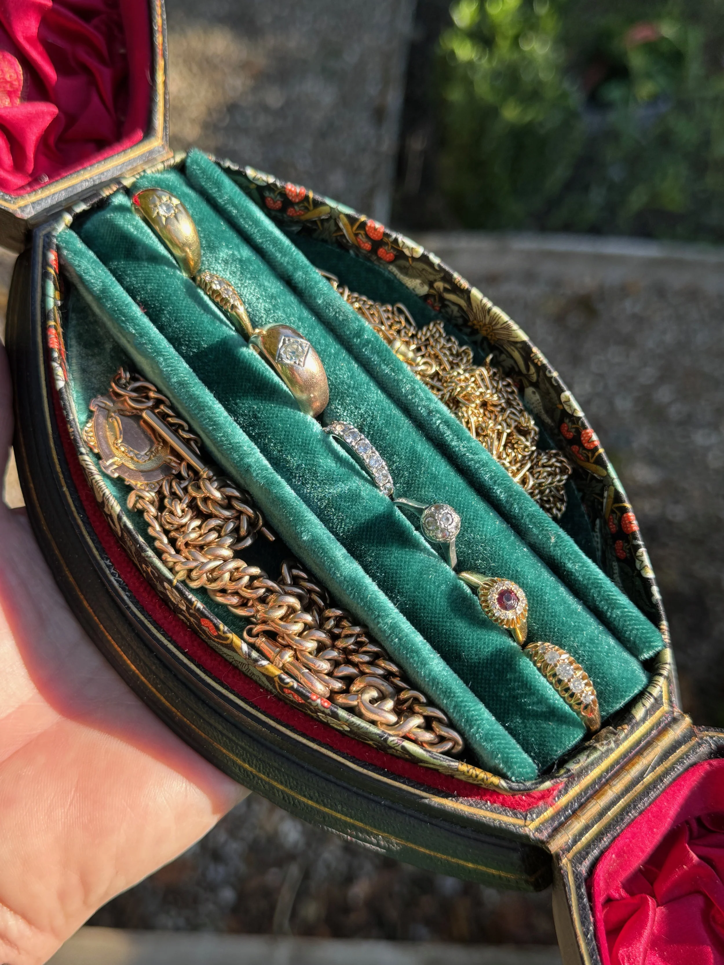 A Rare & Unusual Green Velvet Double Door Jewellery Box