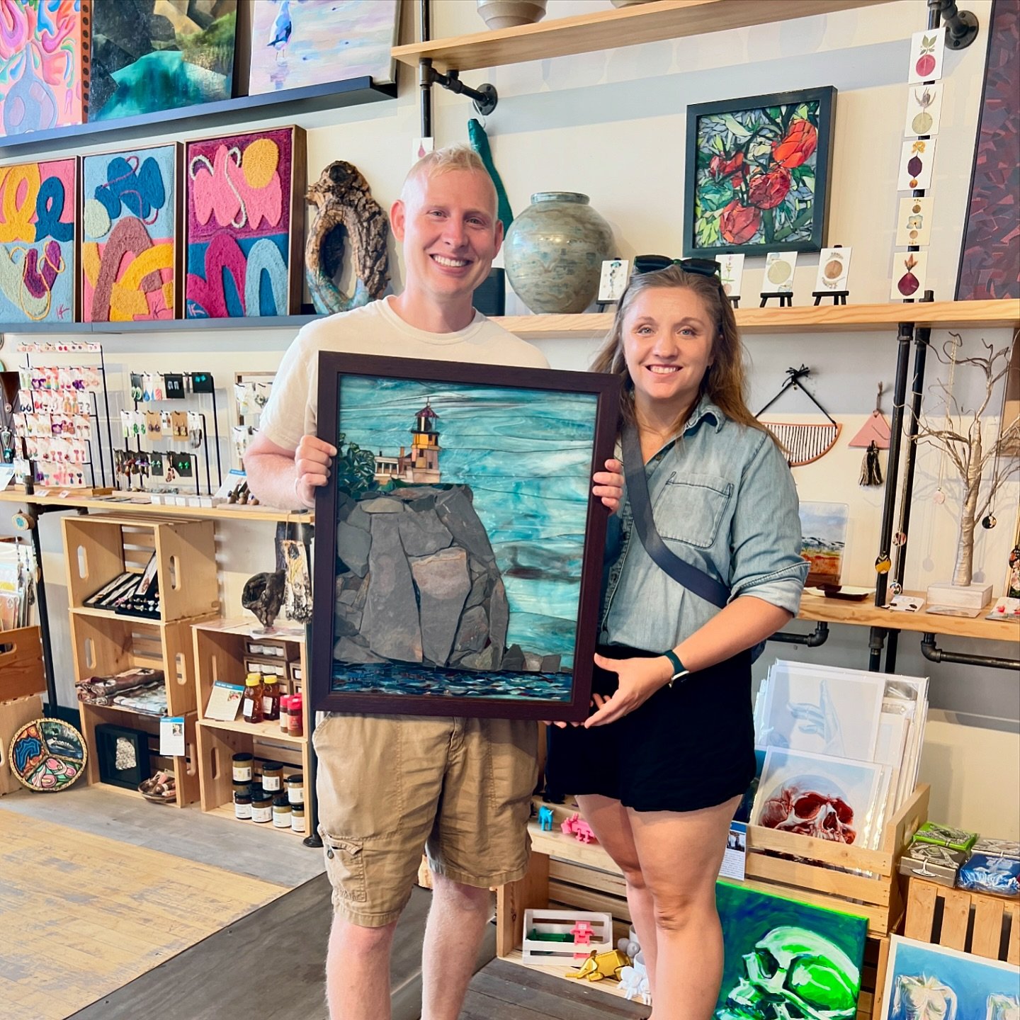 This morning, Nathan and Amy visited our store to purchase a special piece of art to commemorate his final treatment at Mayo Clinic before returning home to St. Paul. They chose Deb DSouza's &quot;Lighthouse&quot; mosaic and we enjoyed talking with t