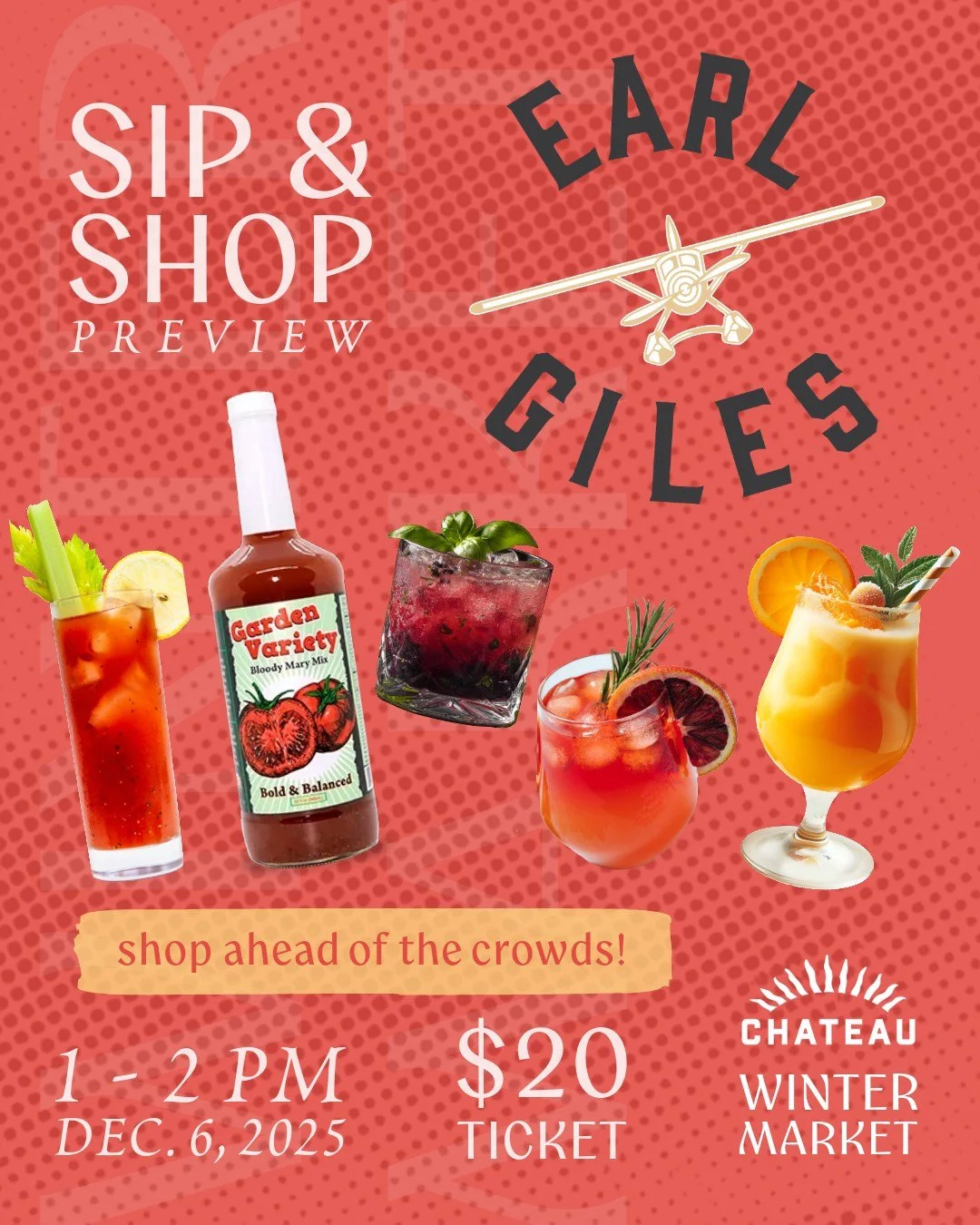 It's not too late to get your tickets for the EARLY ACCESS Sip + Shop Preview at the Chateau Winter Market! 🍹

Doors open at 1:00 for an exclusive early-access shopping session where you can browse vendor booths and find unique holiday gifts before 
