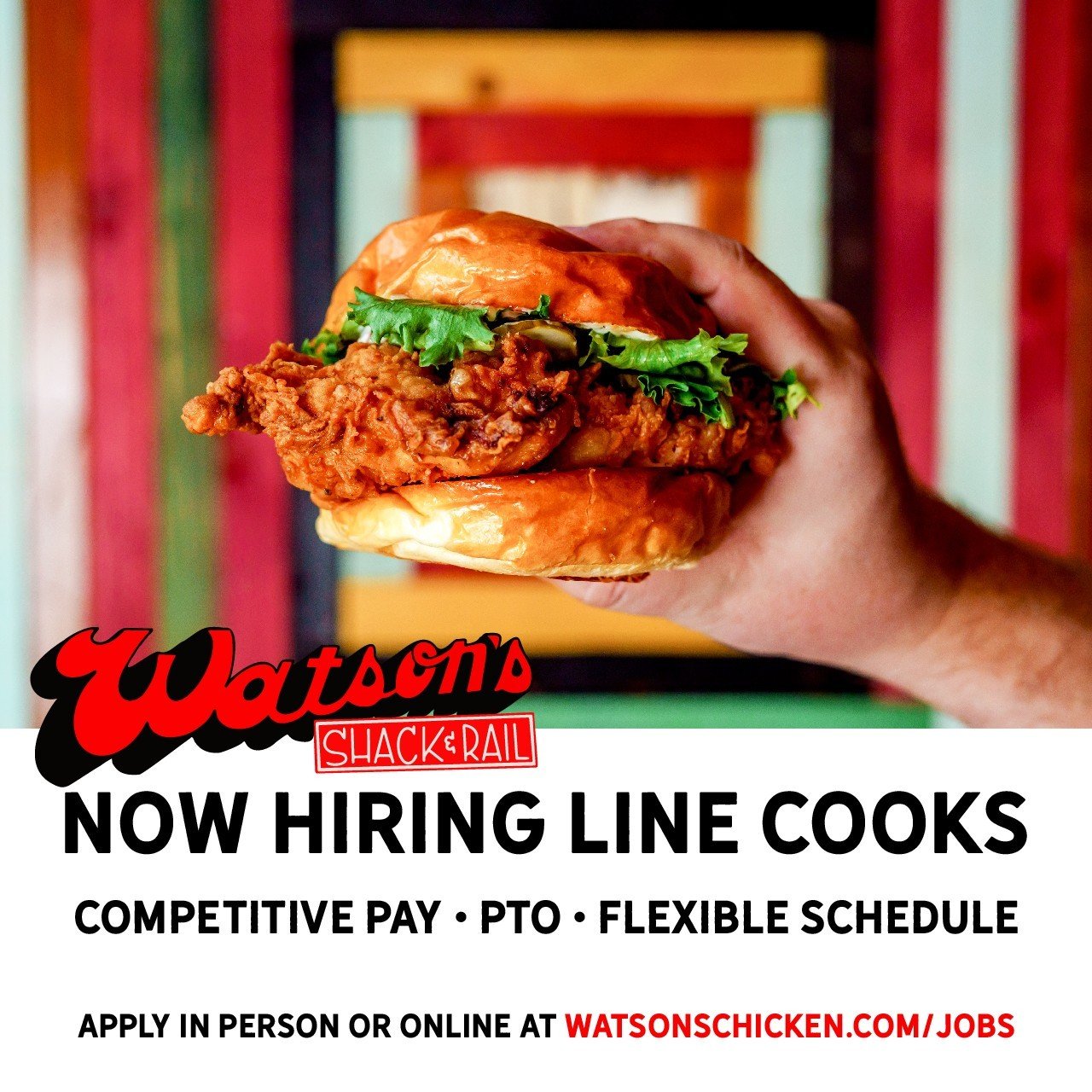 Join the Kitchen Team at the Shack! We're hiring experienced line cooks. We offer competitive pay, flexible scheduling, and PTO to full time employees. Apply in person at Watson's downtown or online at https://www.watsonschicken.com/jobs (link in bio