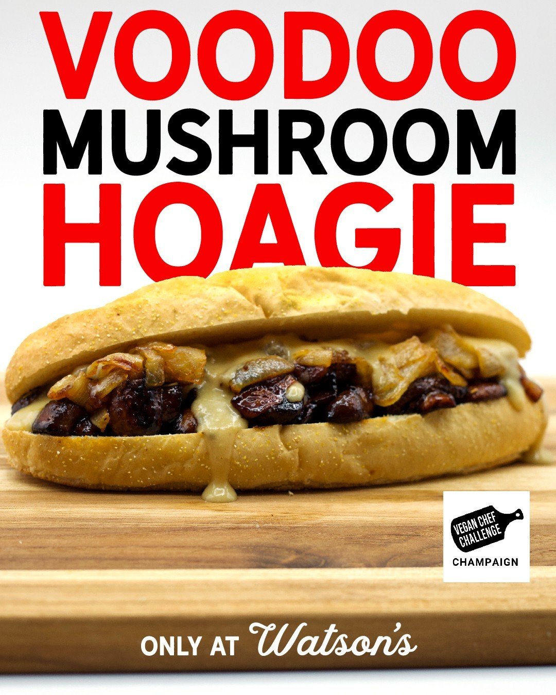 Just 2 weeks left to get the Voodoo Mushroom Hoagie for #champaignveganchefchallenge month! Mushrooms and grilled onions saut&eacute;ed and spiced in our secret voodoo blend. Slightly sweet, tons of dark flavor...then topped with a white bean &quot;q