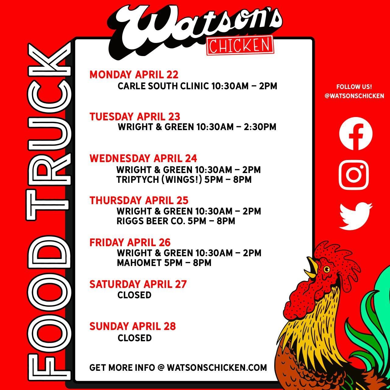 Food Truck Schedule for 4/22 - 4/28. To see the full menu or book the food truck for your event, please visit the link in our bio!