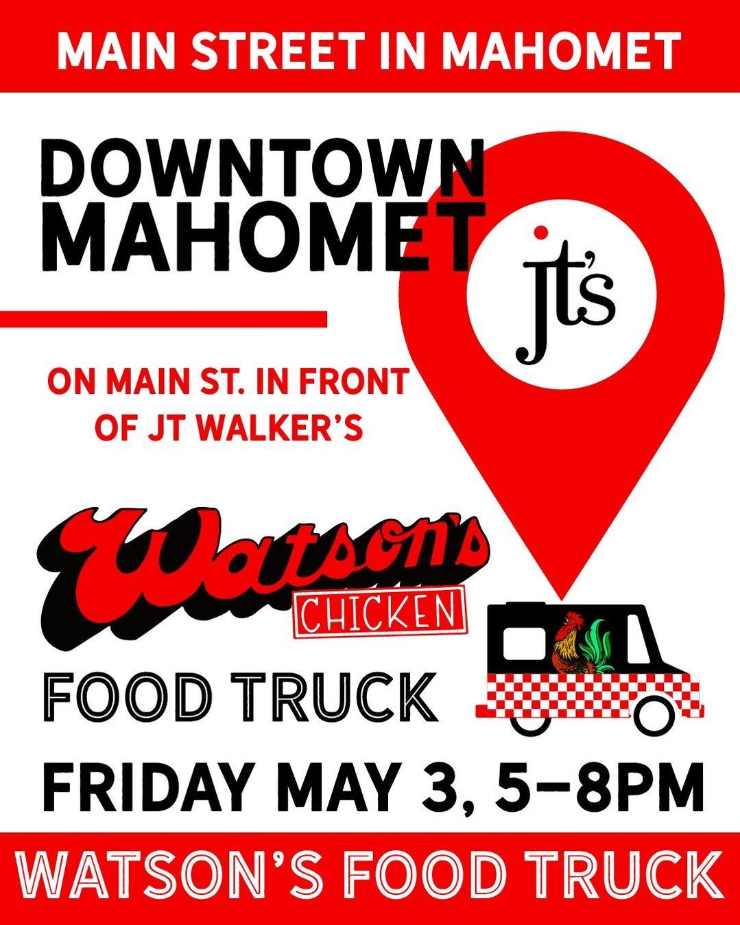 Mahomet, we're coming to a downtown near you! We'll be on Main St near @jtwalkers Friday evening from 5-8!