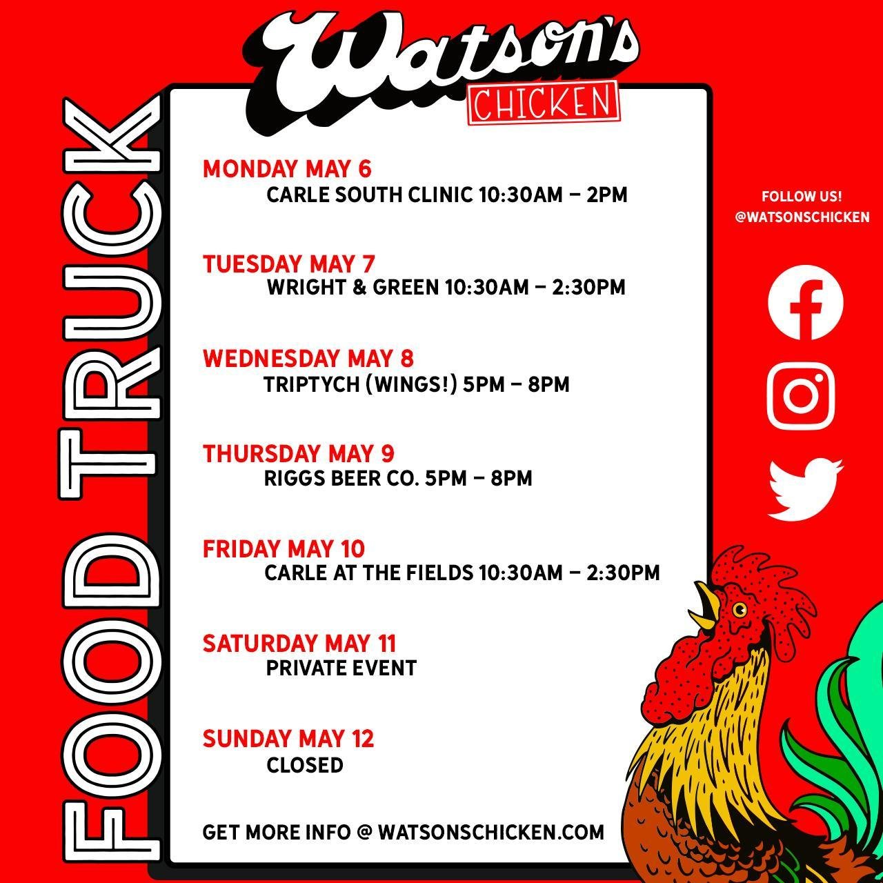 Food Truck schedule for 5/6 - 5/12. To view the full schedule or to book the food truck for your private event, please visit the link in our bio!