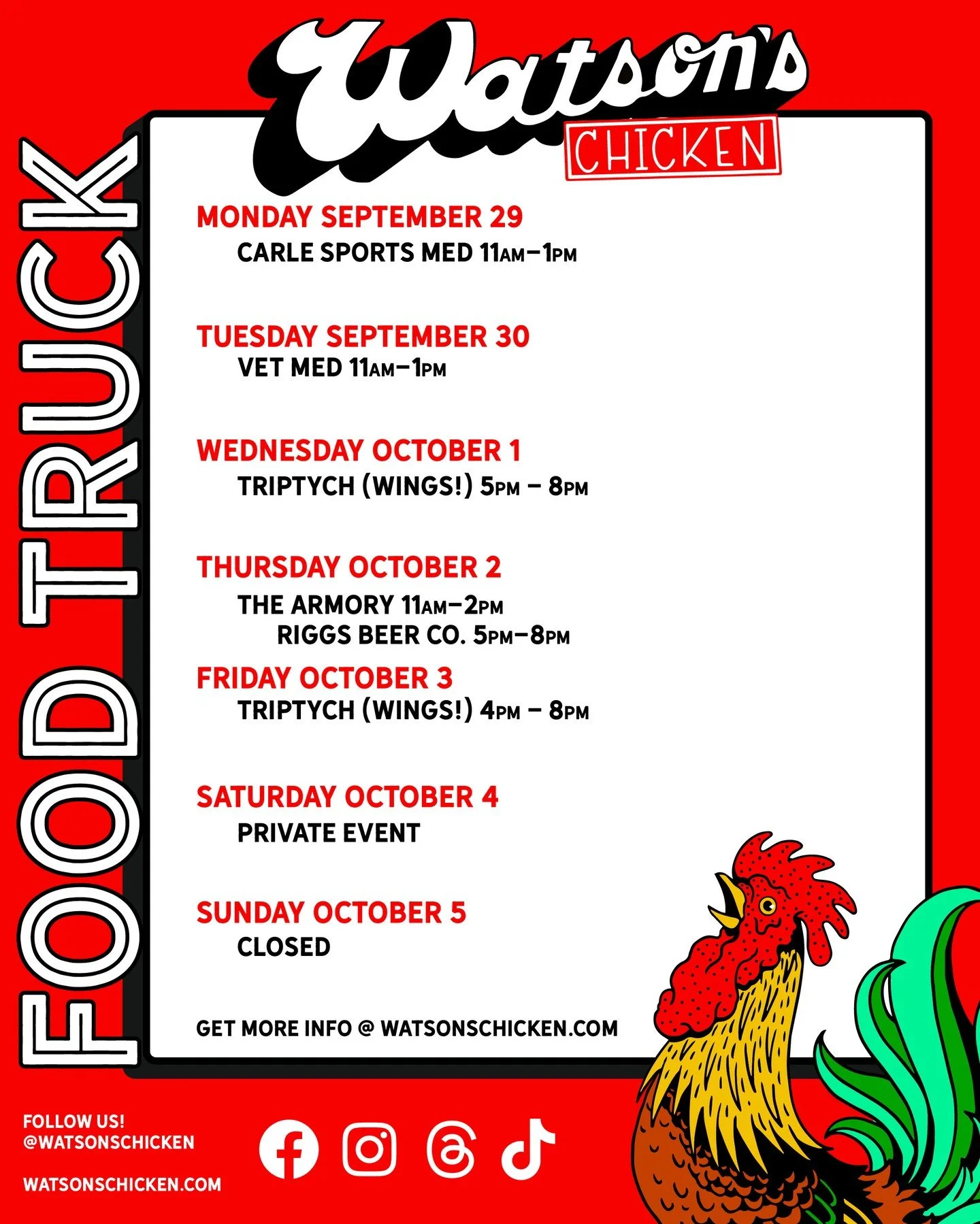 Our Food Truck schedule for 9/29 - 10/05. To see the full menu or to book the truck for your event, please visit the link in our bio!
