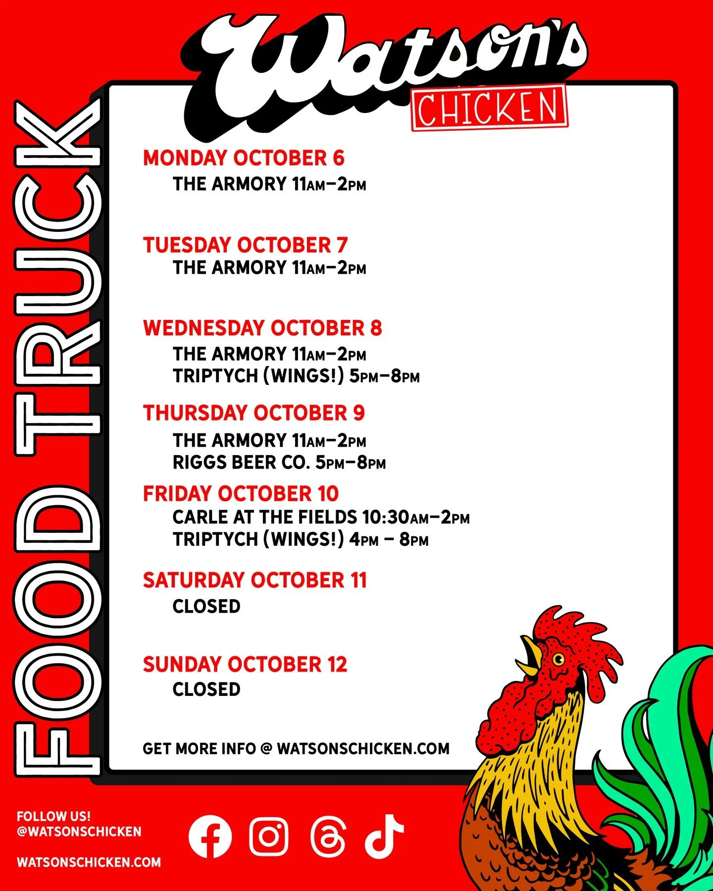 Our Food Truck schedule for 10/6 - 10/12. Did you know we do TWO wing nights at @triptychbrewing most weeks? Wednesday and Friday now. Come check us out!