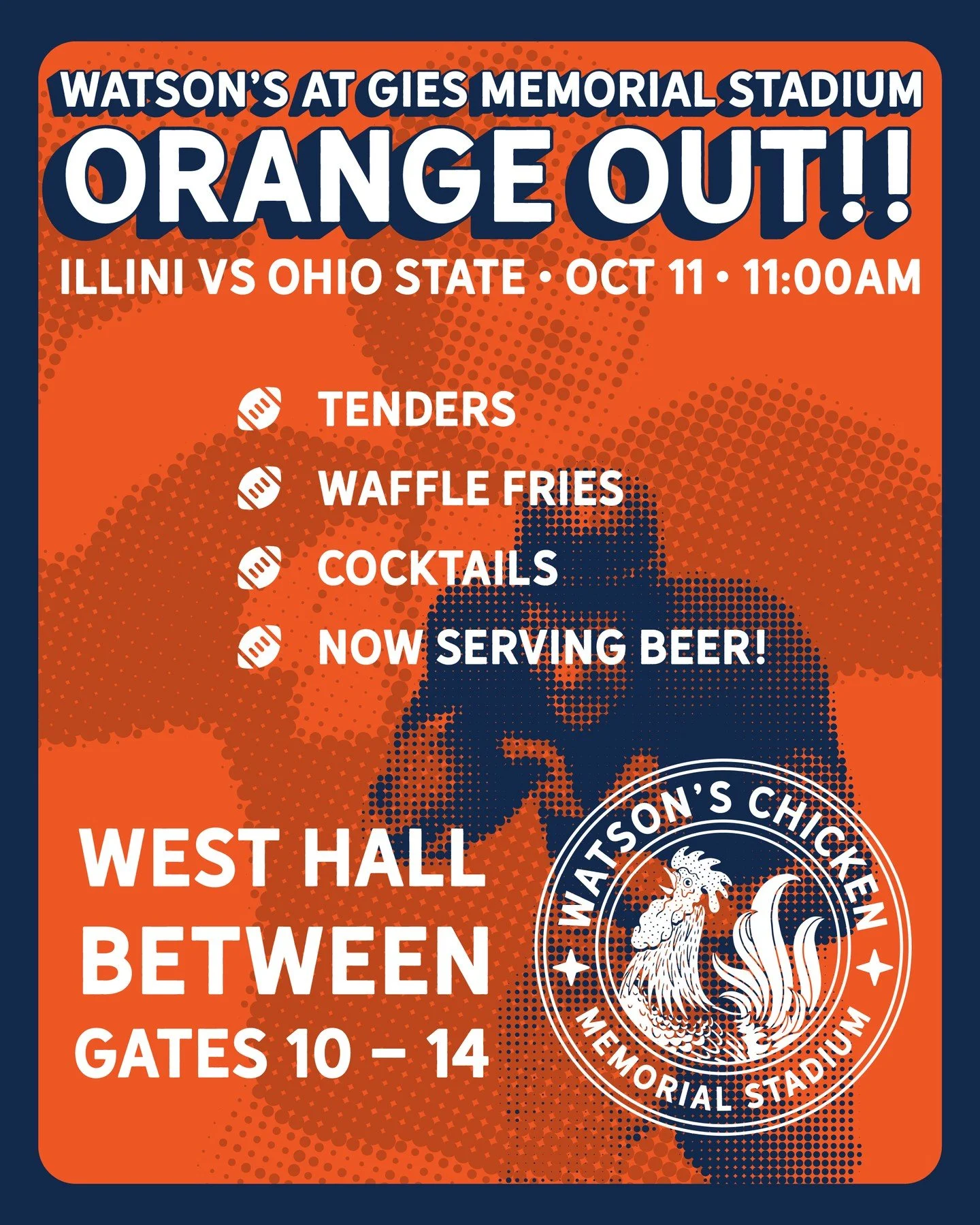 Make sure you're wearing orange! If you're going to be at the game, stop by our stall at Gies Memorial Stadium and grab some tenders while we BEAT OHIO STATE!!!