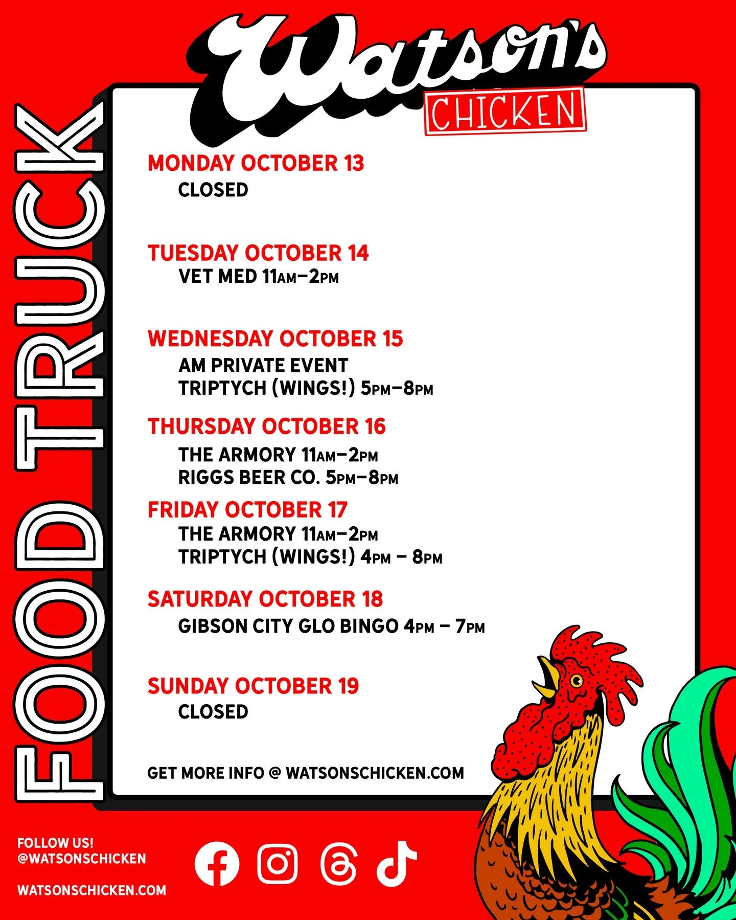 Our Food Truck schedule for 10/13 - 10/19. To see the full menu or to book the truck for your private event, please visit the link in our bio.