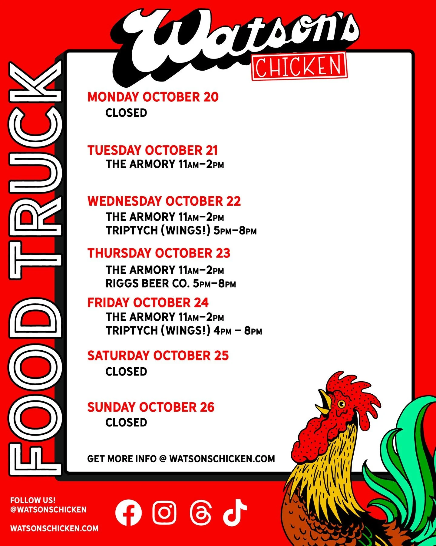 Our Food Truck schedule for 10/20 - 10/26. To see the full menu or to book the truck for your private event, please visit the link in our bio.