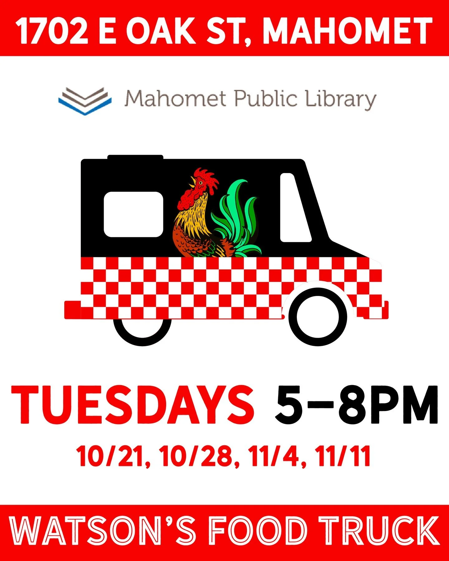 We're at the @mahometlibrary every Tuesday 5-8pm for the next 4 weeks! A portion of the proceeds will help benefit the Library Expansion project. Come get great chicken and support a great cause for the community!