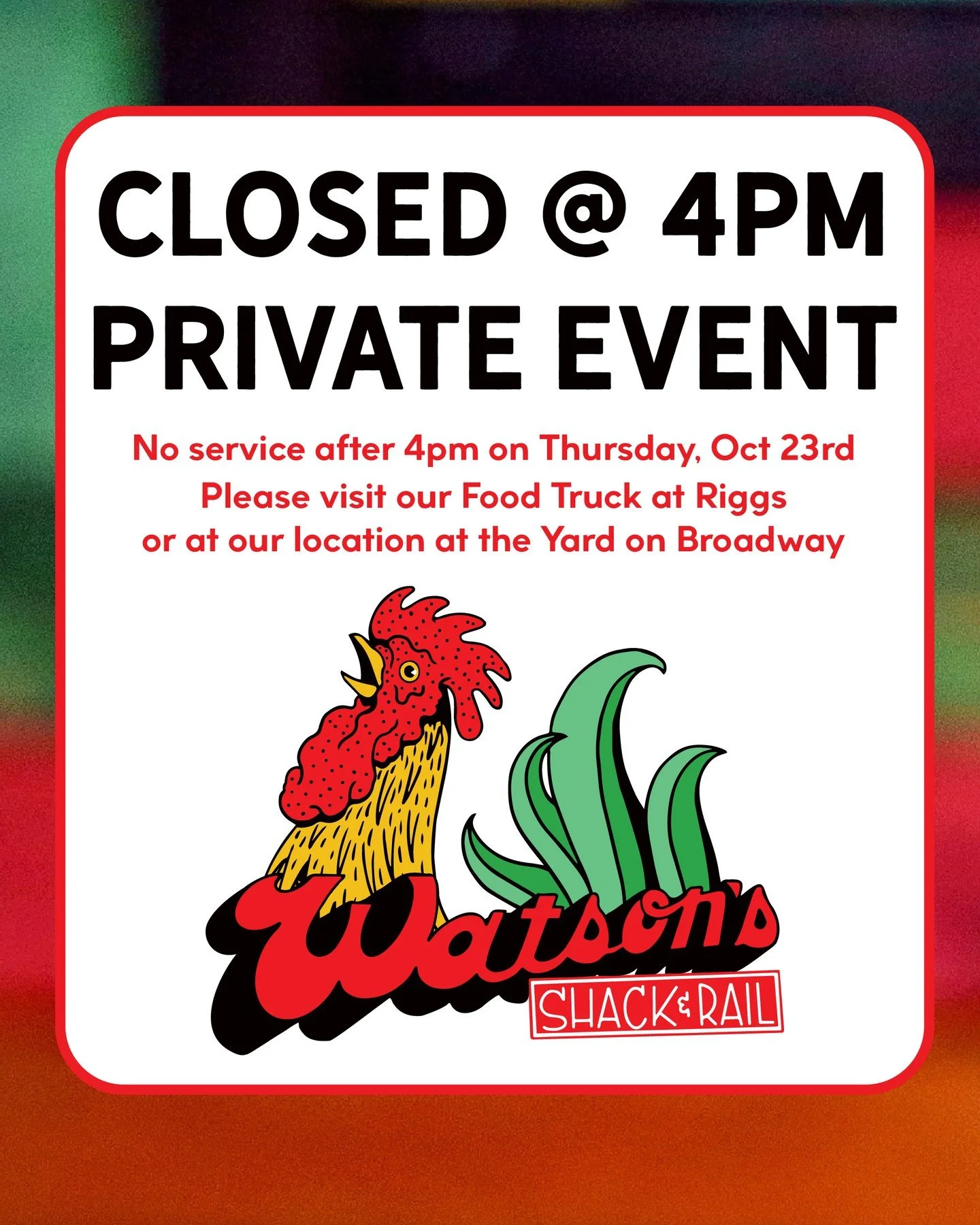 Hey ya'll we are closed for a private event this evening at the Shack! We're still open for lunch, but for dinner feel free to visit our location at the Yard on Broadway or our Food Truck out at Riggs!