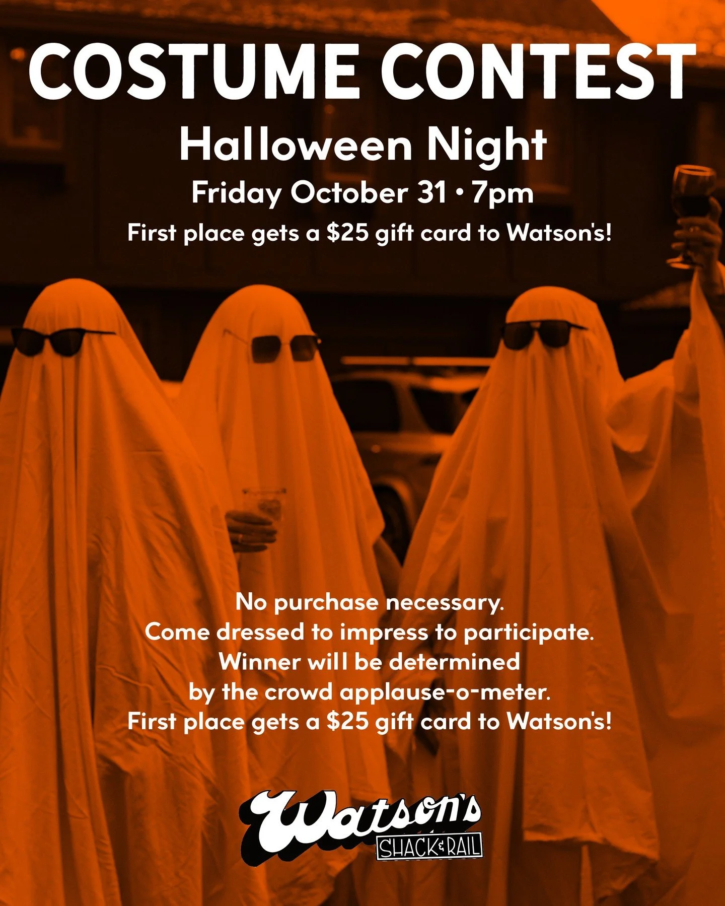 Costume contest at the Shack at 7pm! No purchase necessary. Come dressed to impress to participate. Winner will be determined by the crowd applause-o-meter. First place gets a $25 gift card to Watson's!