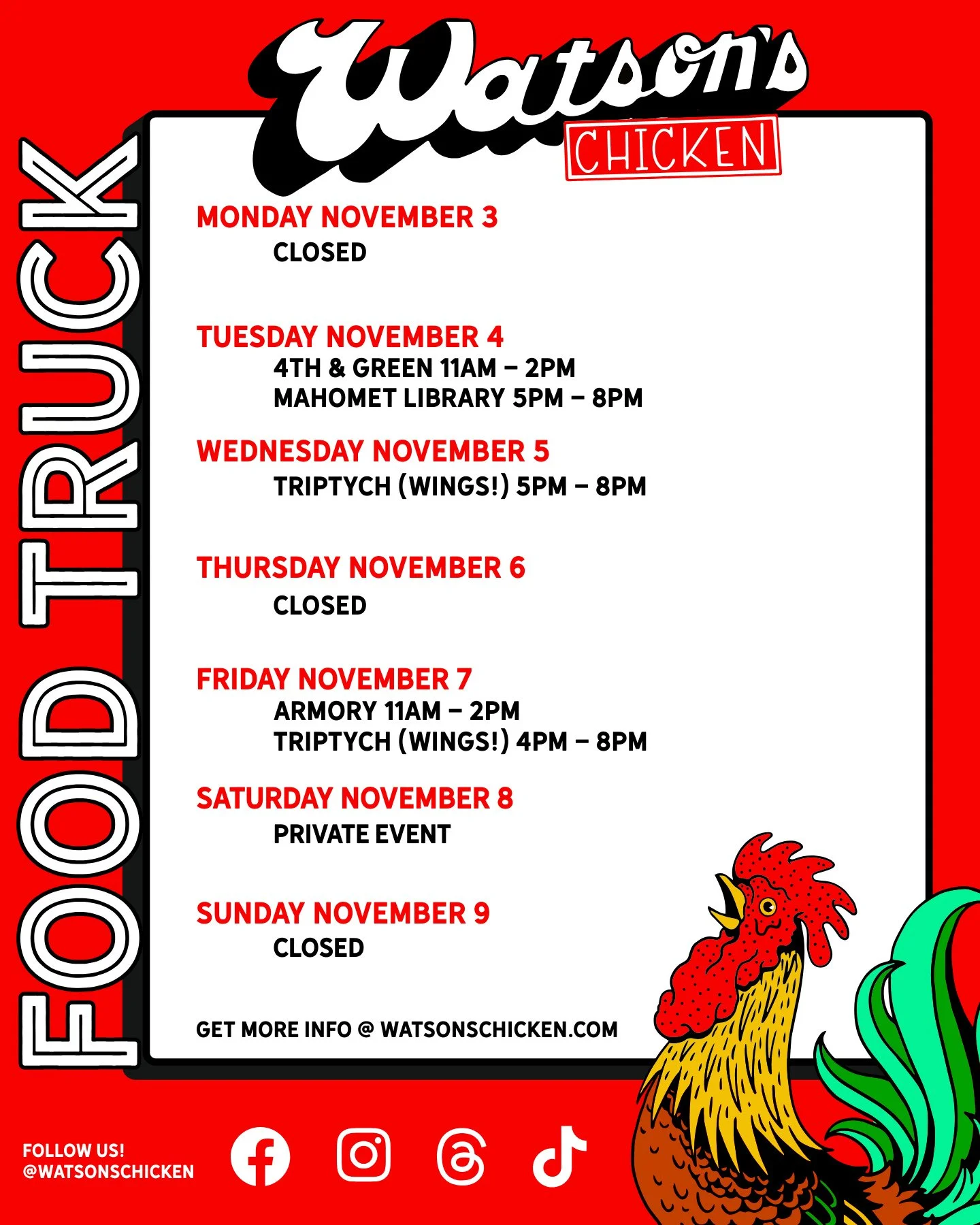 Our Food Truck schedule for 11/3 - 11/9. To see the full menu or to book the truck for your private event, please visit the link in our bio!