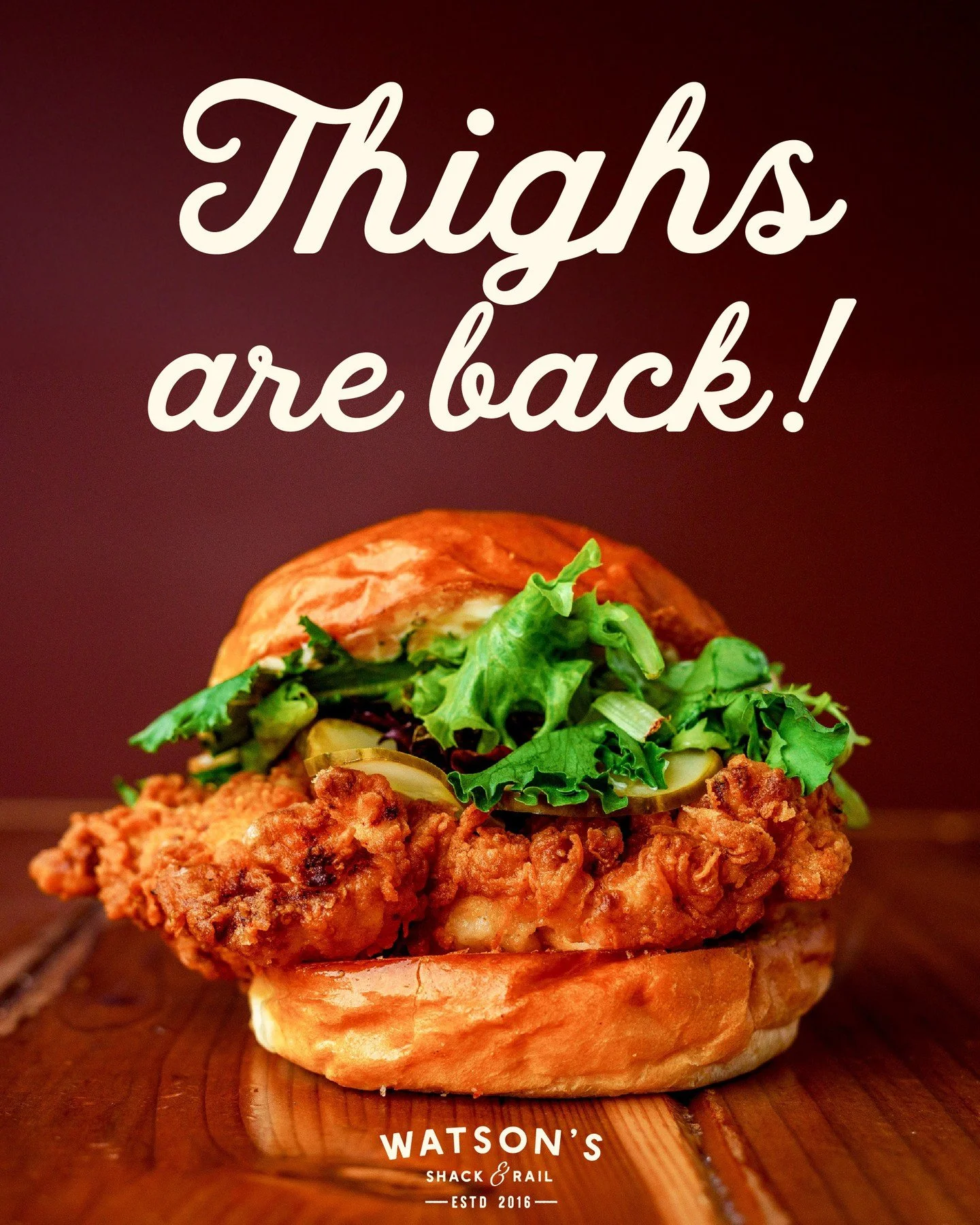 Thighs are back at the Shack! Available on all sandwiches at our downtown location. Also keep a lookout for some other exciting things coming this week.