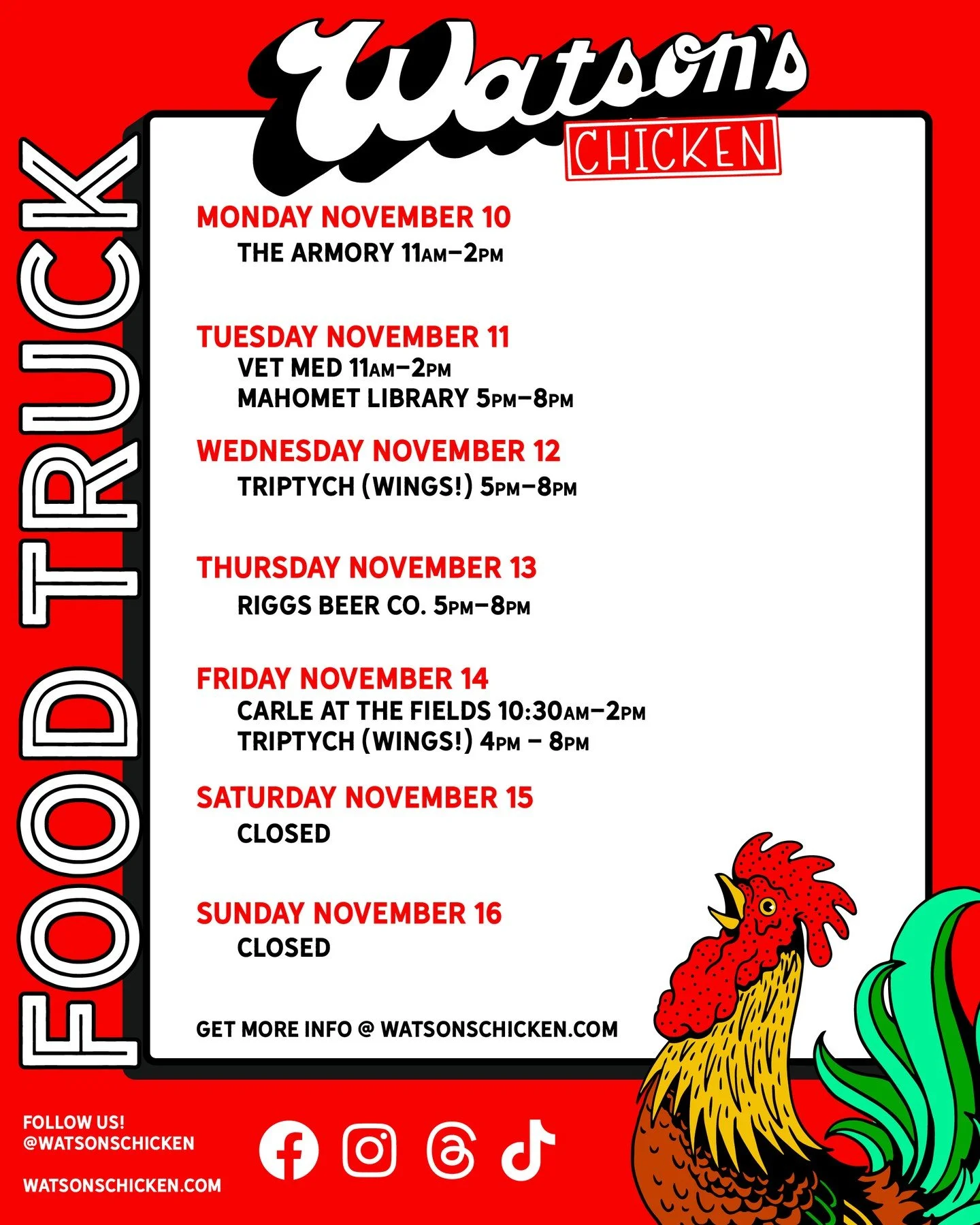 Our Food Truck schedule for 11/10 - 11/16. Want to book the truck for your holiday party? Just hit us up at the link in our bio!
