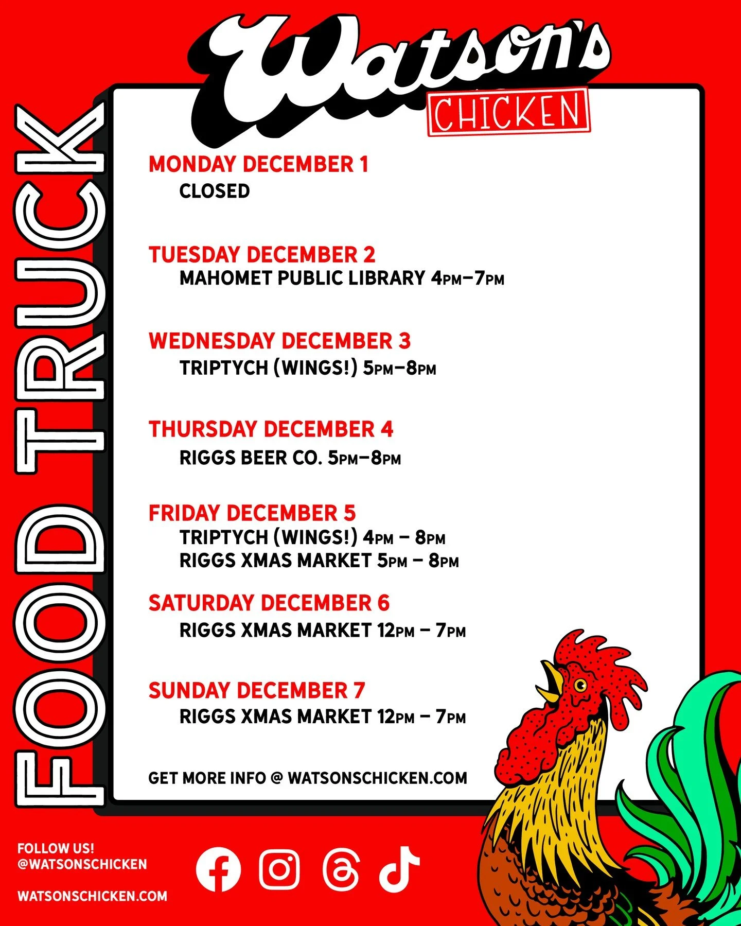 Here's our Food Truck schedule for 12/1-12/7. With all the weather happening this week, keep an eye on our socials in case things need to change!
