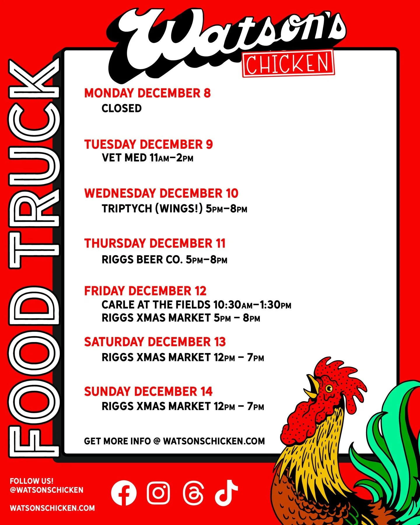 Our Food Truck schedule for 12/8 - 12/14. It's week 3 of the Riggs Christmas Market this weekend!