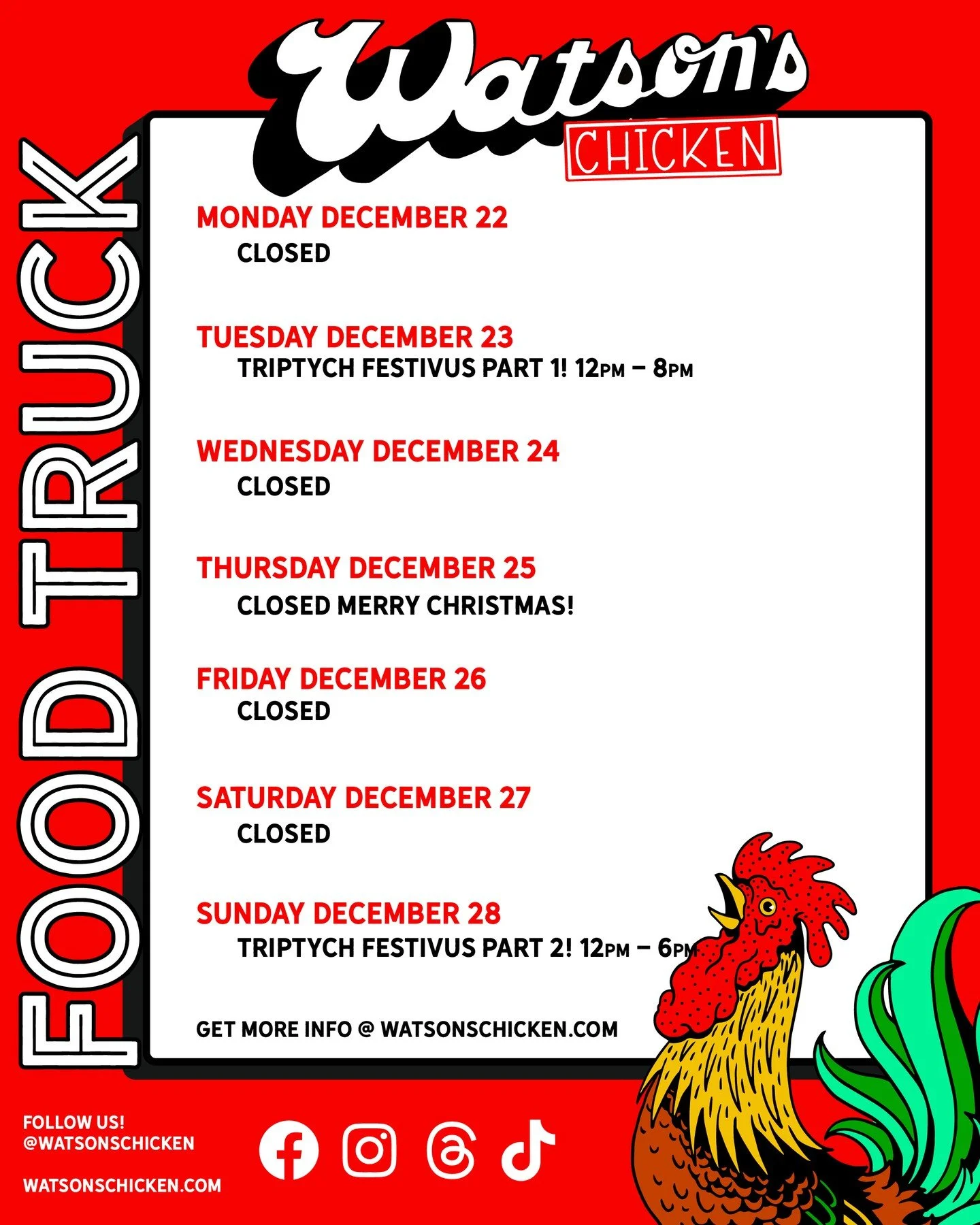 Our Food Truck schedule for Christmas Week! Not much going on except Festivus at Triptych! We'll be at both parts and selling wings!