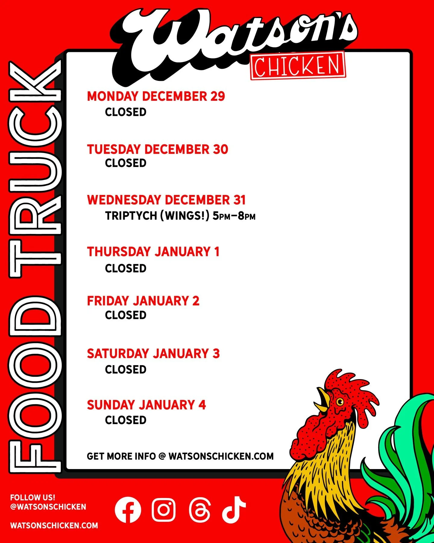 Our Food Truck schedule for 12/29 - 1/4. Pretty chill week for the last of the holiday season. At Triptych for wings to put a pin in 2025. See you next year!⁠
⁠
To book the Food Truck for your event in 2026, please visit the link in our bio!