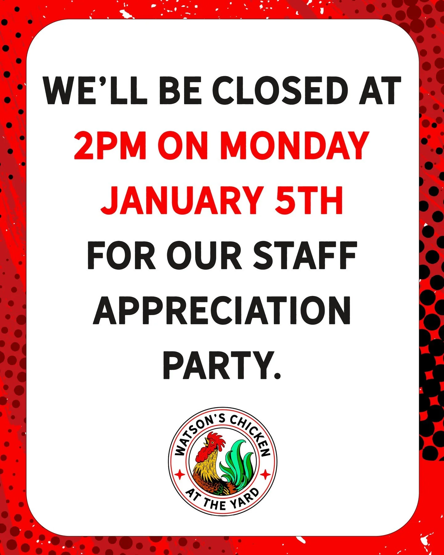 We're already closed at the Shack and the Food Truck, but we will be closing our location at @theyardonbroadway at 2pm on Monday January 5th for our staff appreciation party! Thanks for your understanding.