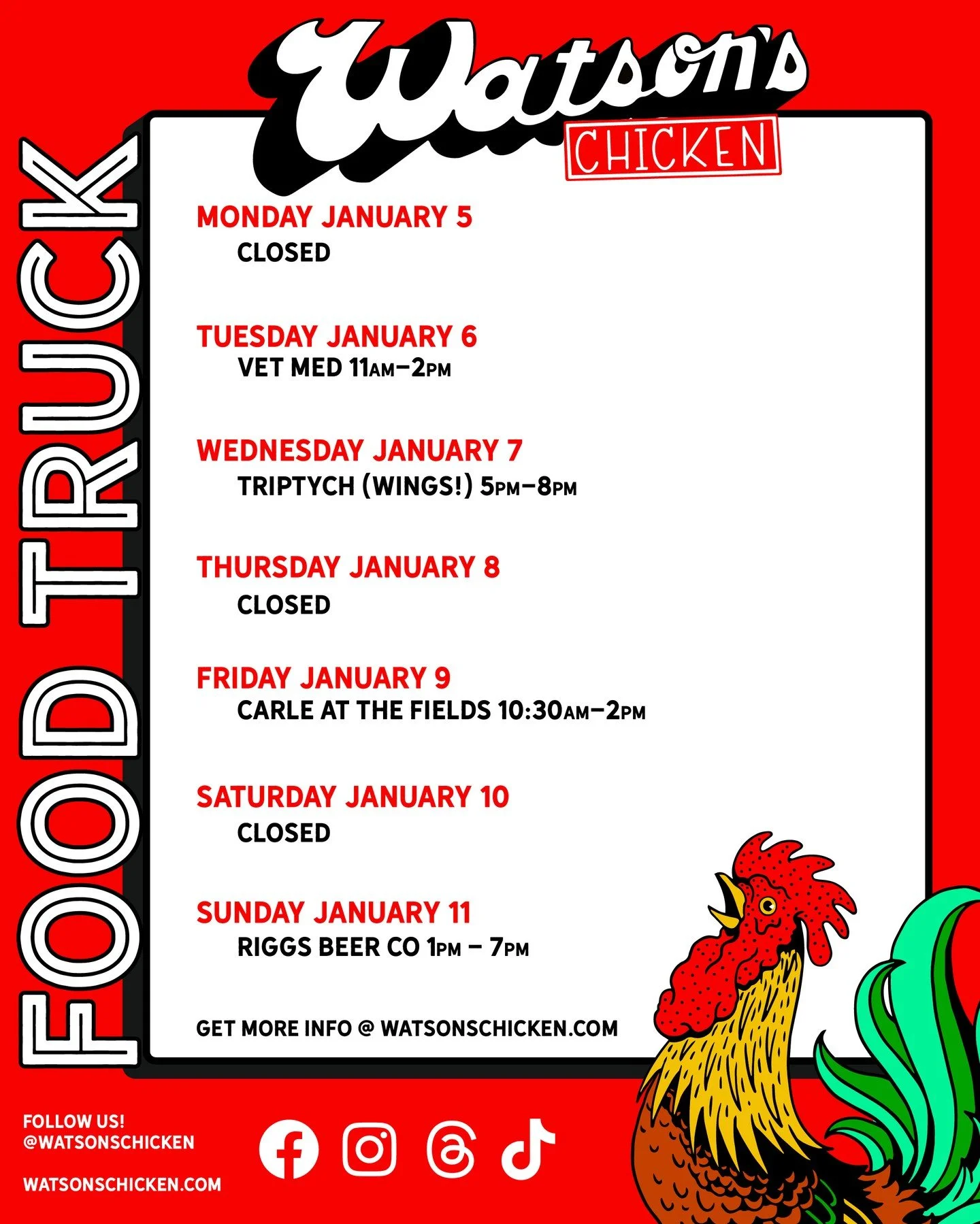 Our Food Truck schedule for 1/5 - 1/11. If you would like to book the Watson's Chicken Food Truck for your private event, or to see the full menu, please visit the link in our bio!