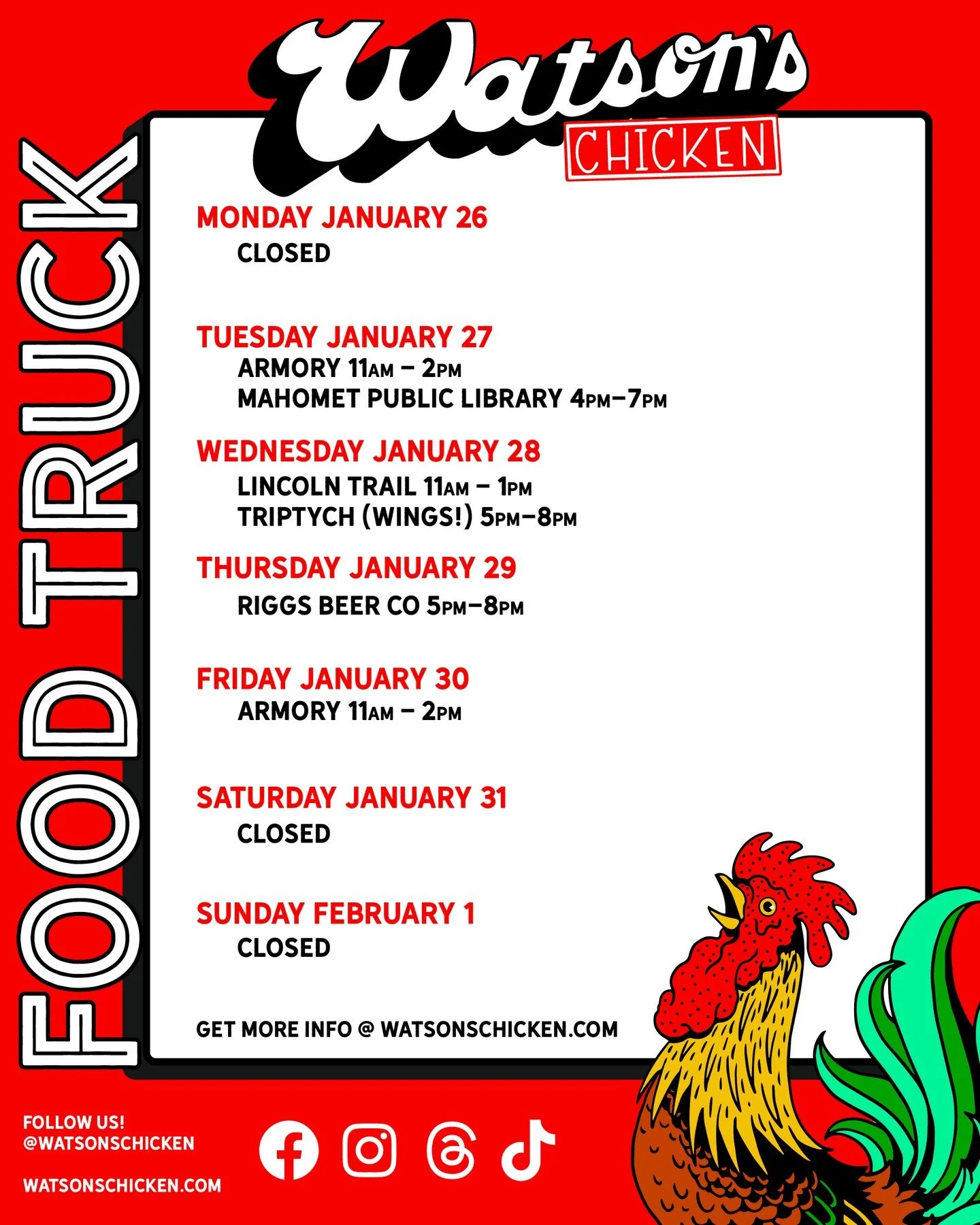 Our Food Truck schedule for 1/26-2/1! Due to the extreme colds we're expecting this week, this schedule may change. Stay tuned for any updates!