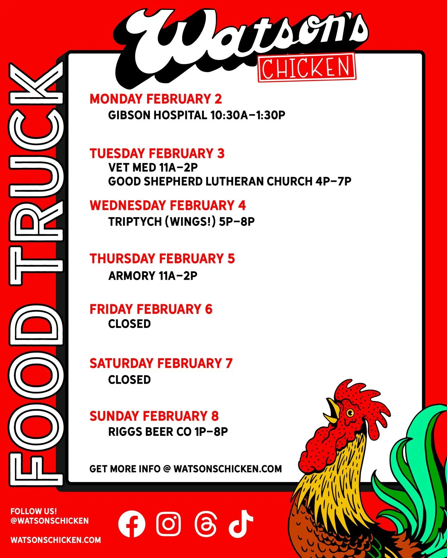 Our Food Truck schedule for 2/2 - 2/8. To see the full menu or to book the truck for your private event, please visit the link in our bio!