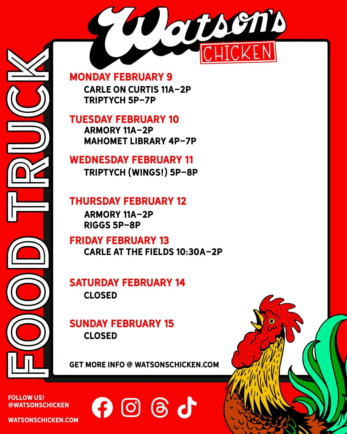 Our Food Truck schedule for 2/9 - 2/15. To see the full menu or to book the truck for your private event, please visit the link in our bio!