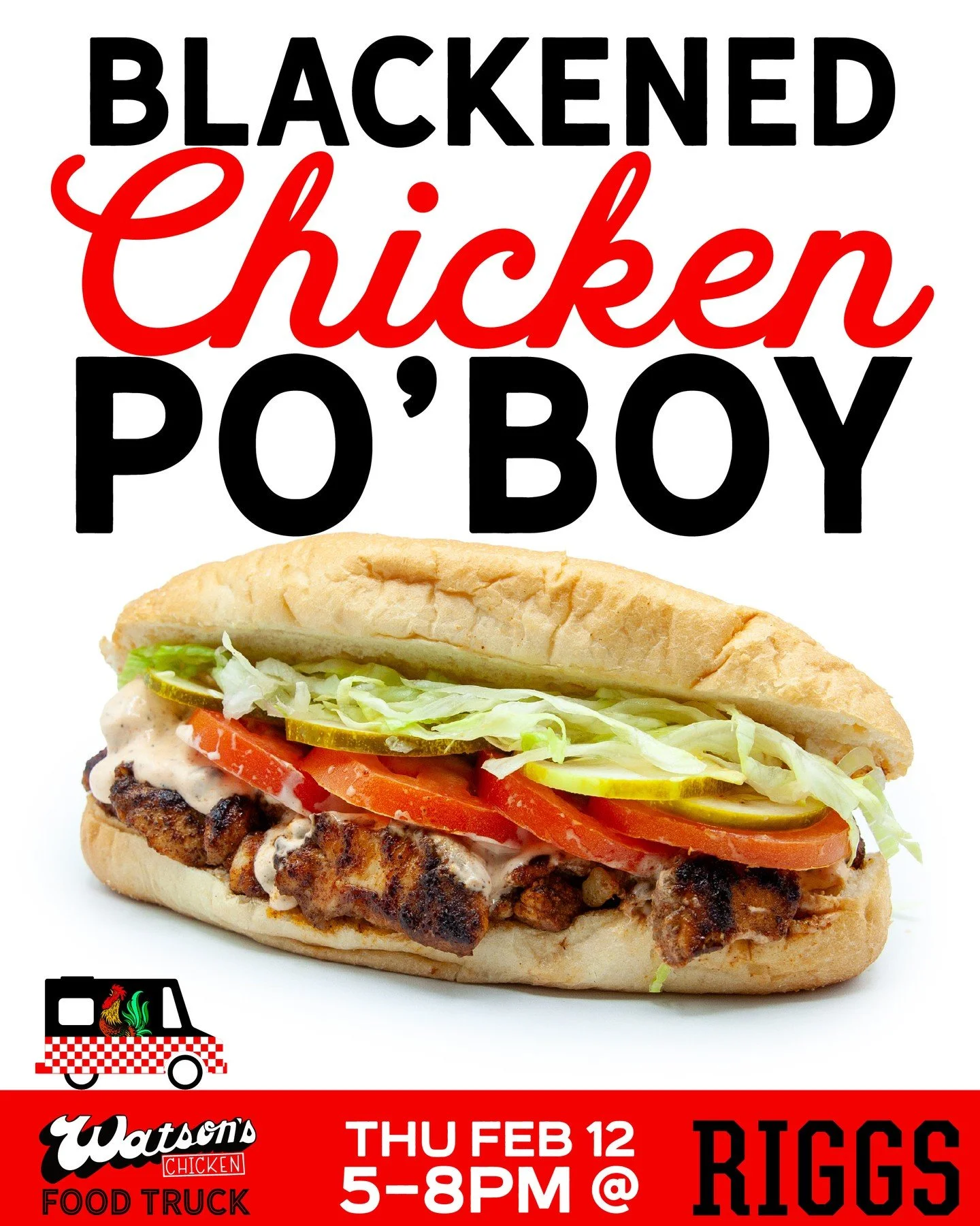 Riggs Black IPL Release Special: Blackened Chicken Po'Boy! Blackened grilled chicken topped with shredded lettuce, tomato, pickles and roasted garlic remoulade served on an Amoroso roll. Served with waffle fries. Pair with a Riggs Black IPL. Only ava