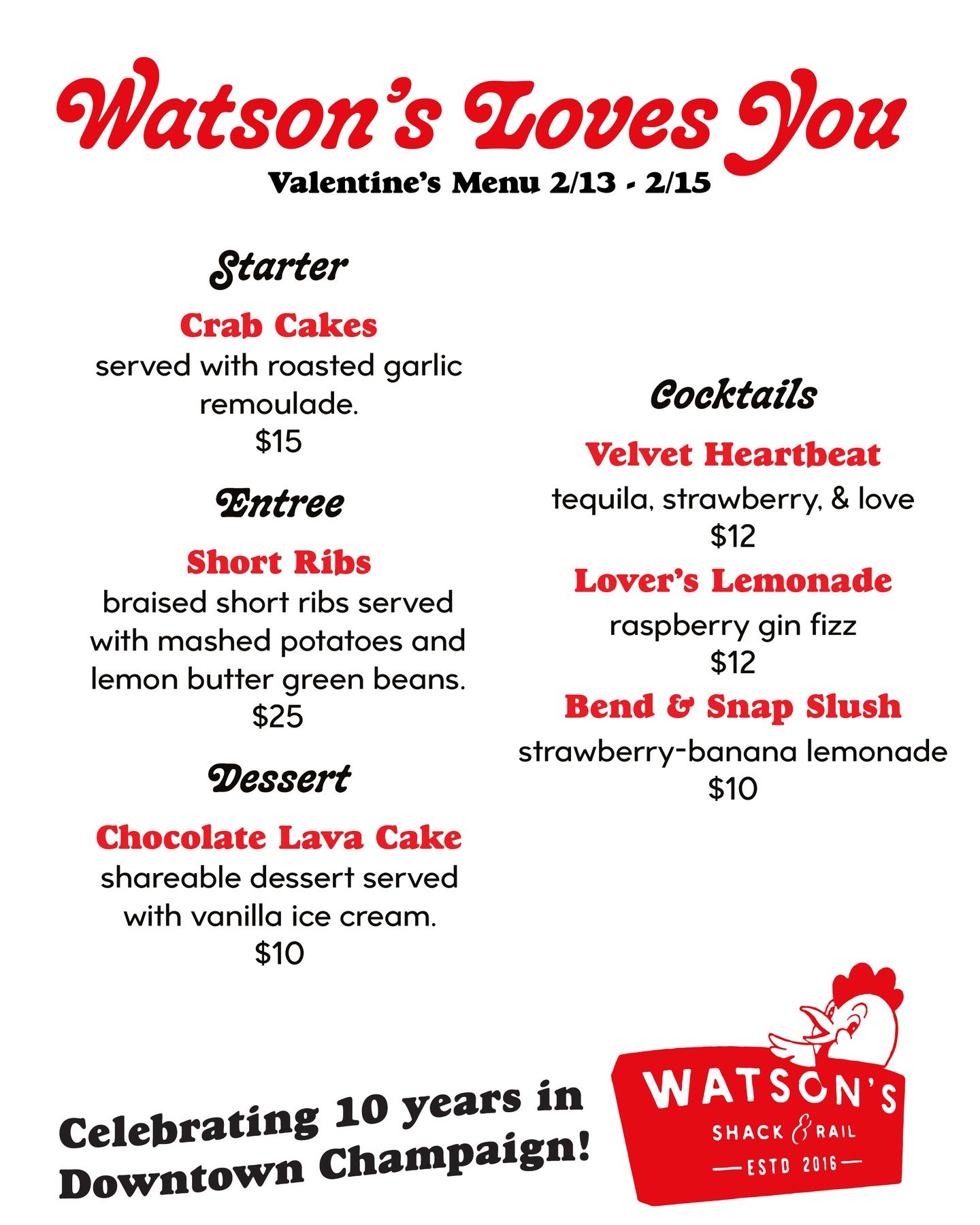 Happy Valentine's Weekend! We have a special menu on top of our normal menu this weekend. Bring someone special to the Shack!⁠
⁠
This menu is only at our Downtown location (the Shack!)