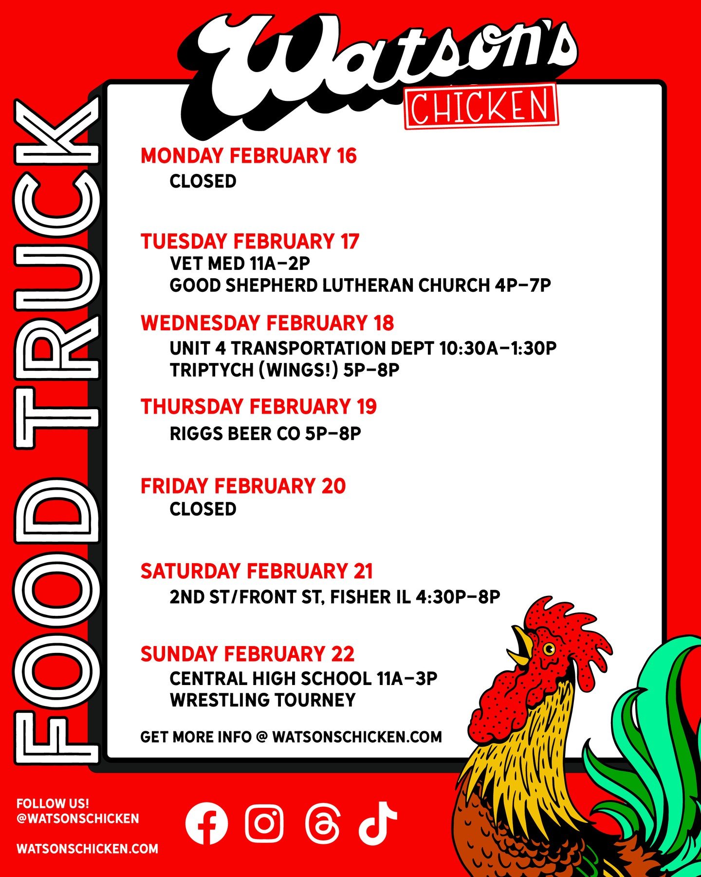 Our Food Truck schedule for 2/16 - 2/22. To see the full menu or to book the truck for your private event, please visit the link in our bio!