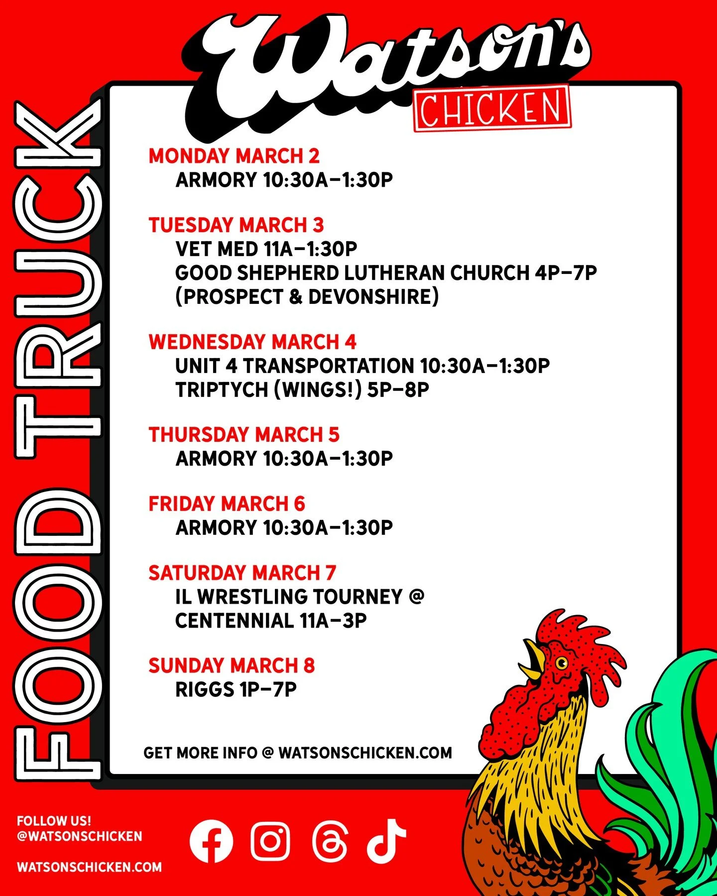 Our Food Truck schedule for 3/2 - 3/8 To see the full menu or to book the truck for your private event, please visit the link in our bio!