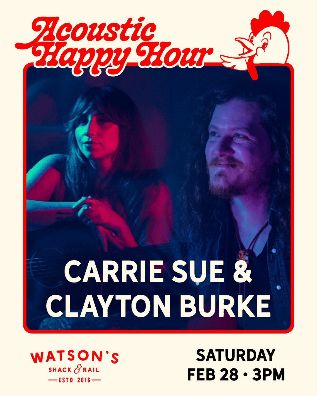 Local musicians Carrie Sue &amp; Clayton Burke will pair perfectly with happy hour deals at Watson's. Don't miss this amazing duo this Saturday at 3pm!
