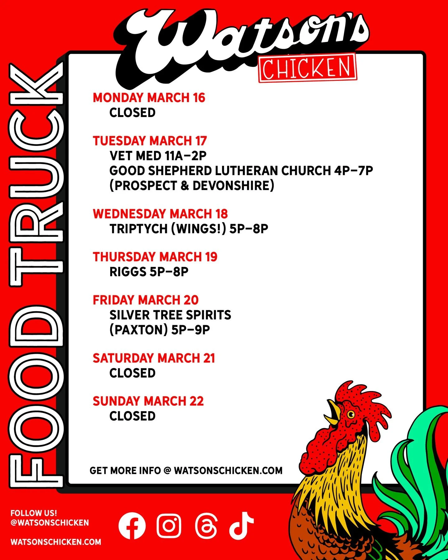 Our Food Truck schedule for 3/16 - 3/22. To see the full menu or to book the truck for your private event, please visit the link in our bio.