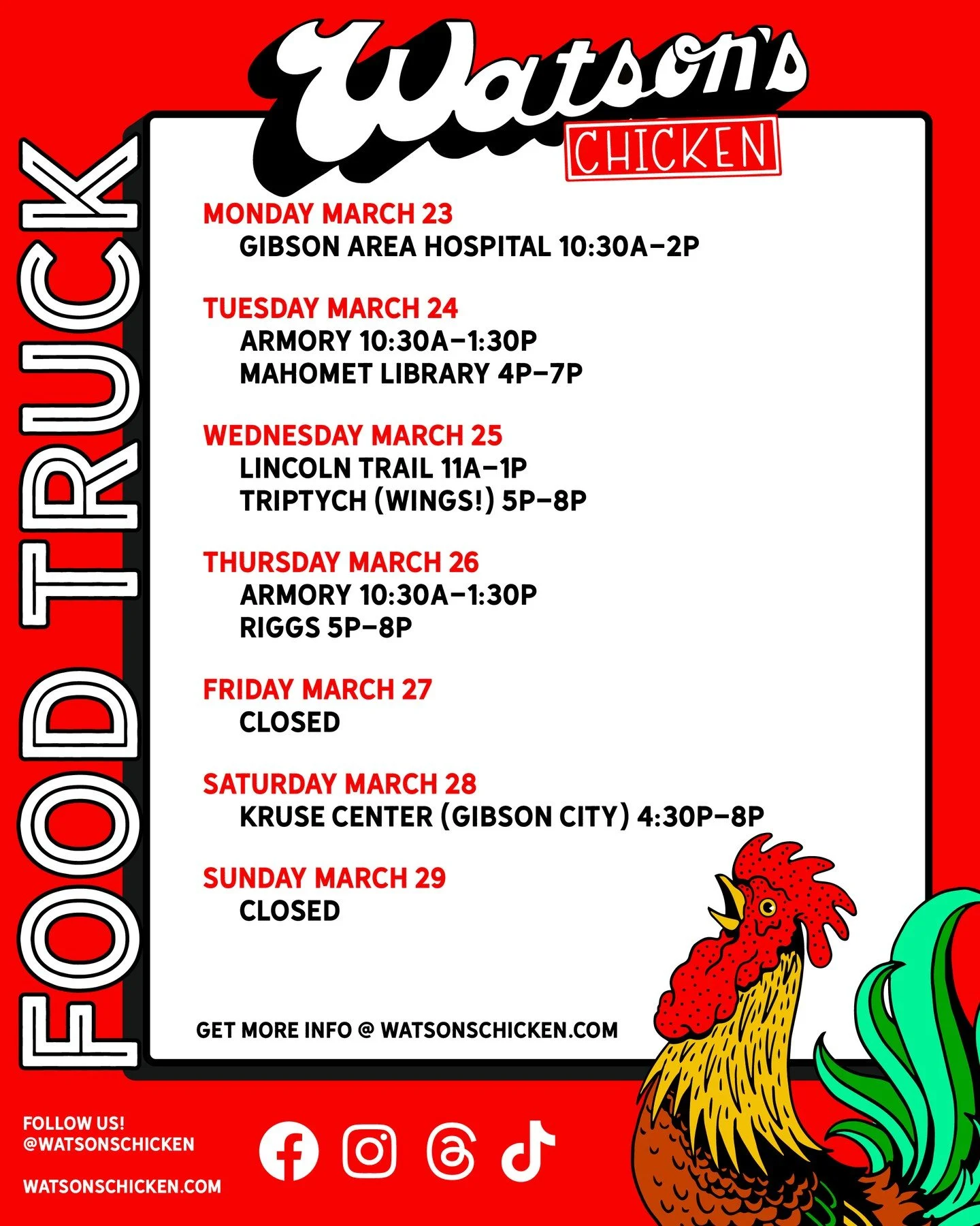 Our Food Truck schedule for 3/23 - 3/29. To see the full menu or to book the truck for your private event, please visit the link in our bio!